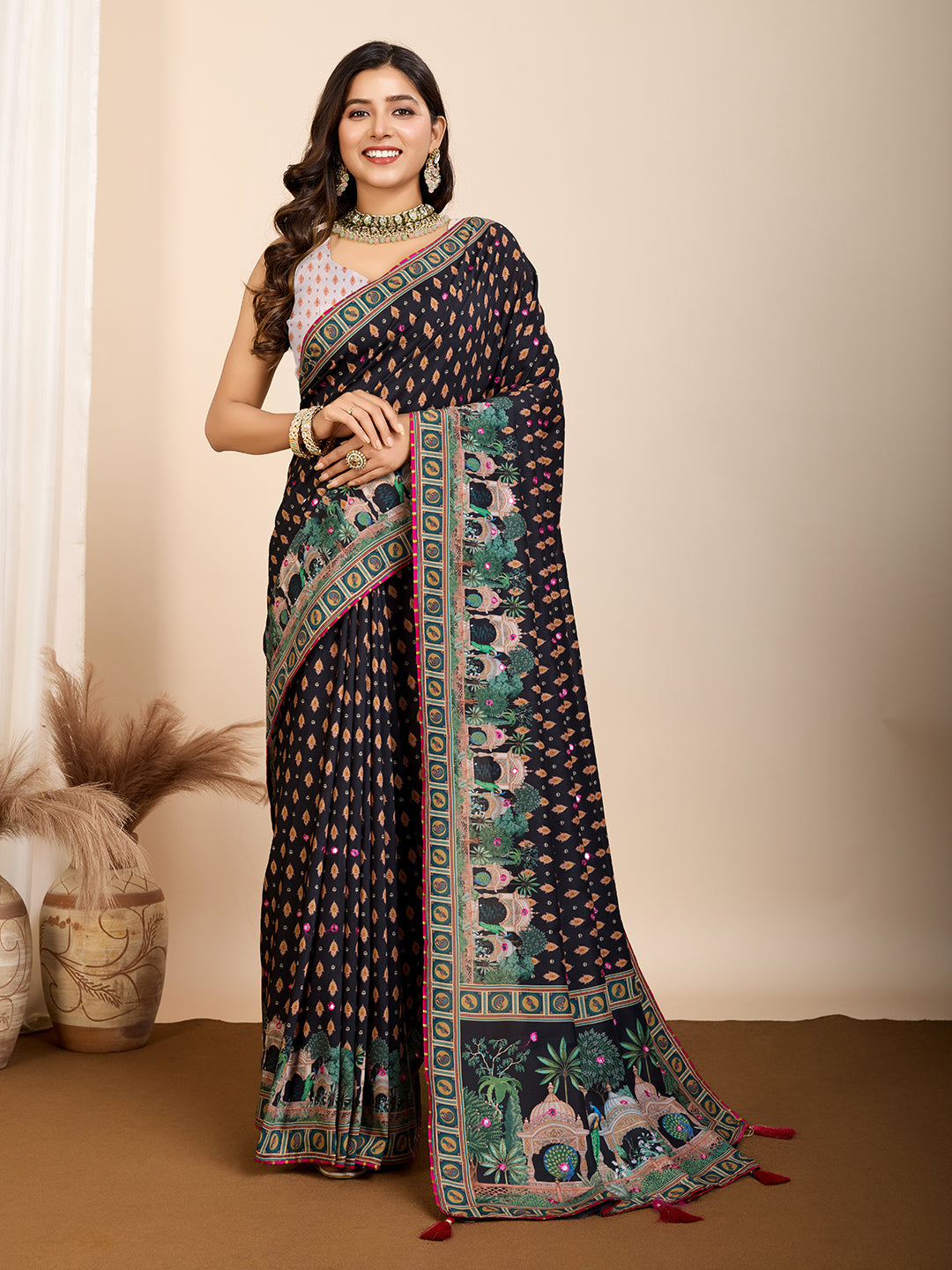 Black Beautiful Designer Digital Printed With Hand Work Ceremonial Trendy Girlie Saree