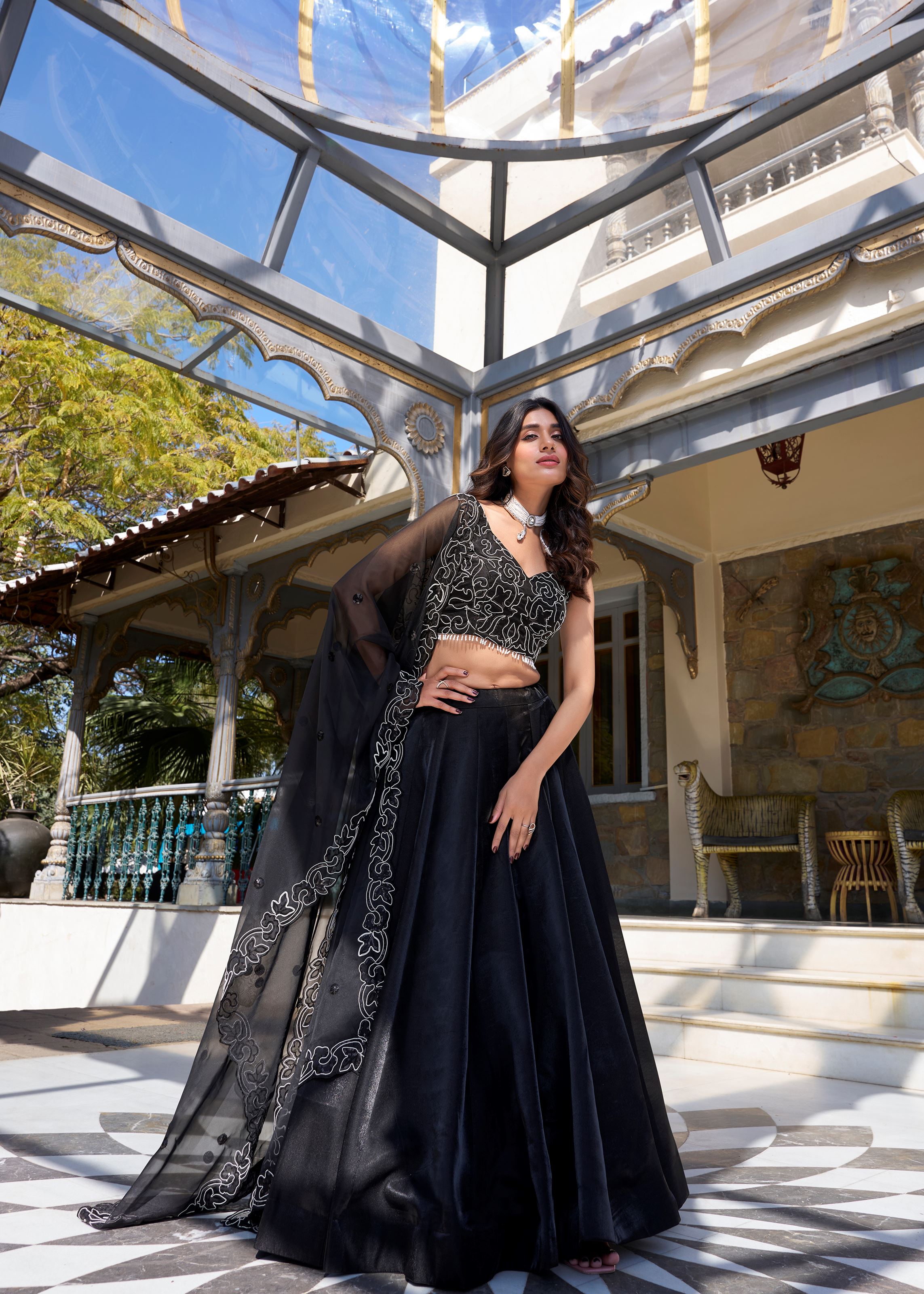 Black Beauty Satin Lehenga with Pearl Coding and Shimmering Sequins