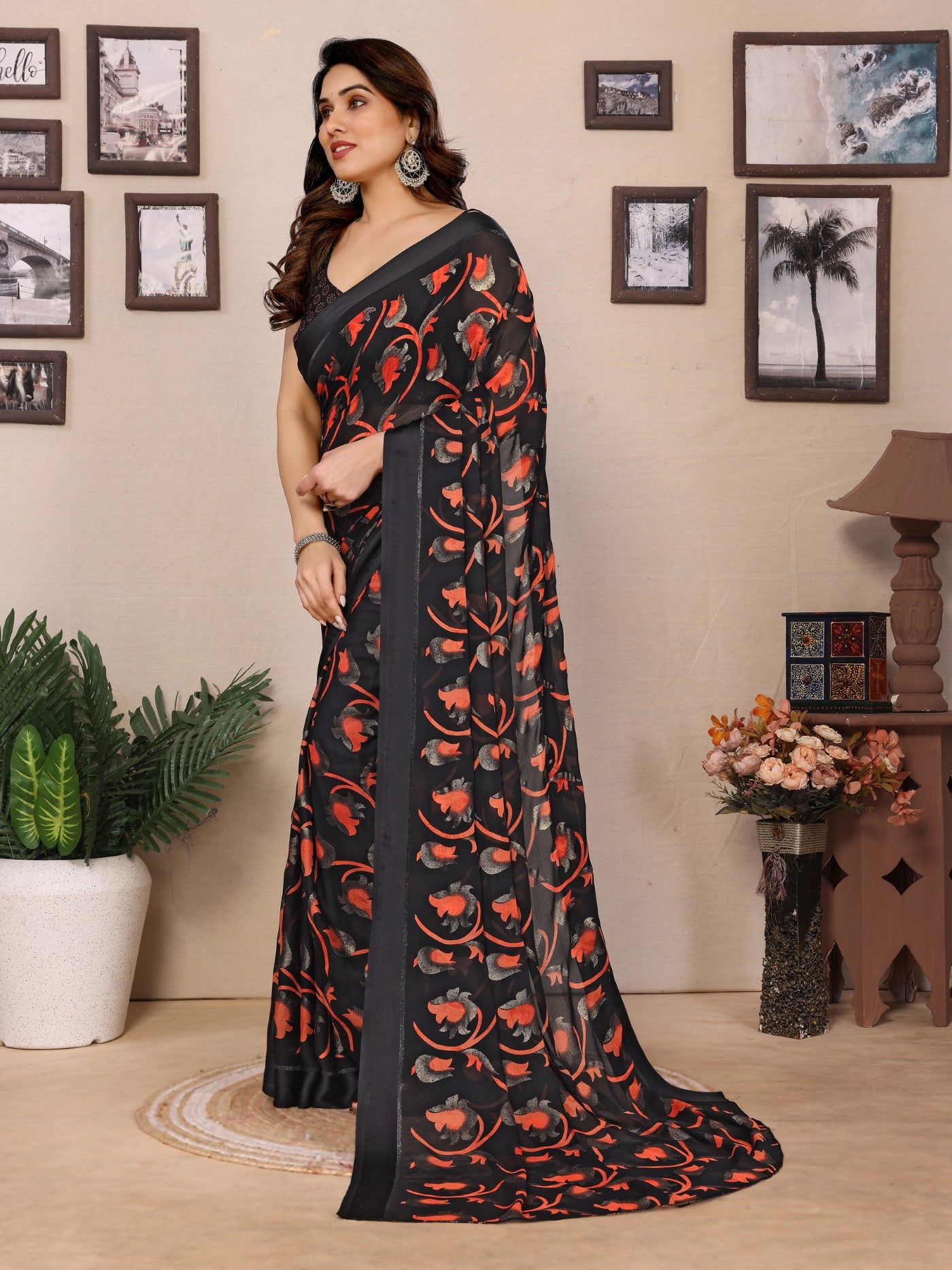 Black Bright Moss Printed Saree With Zari Work