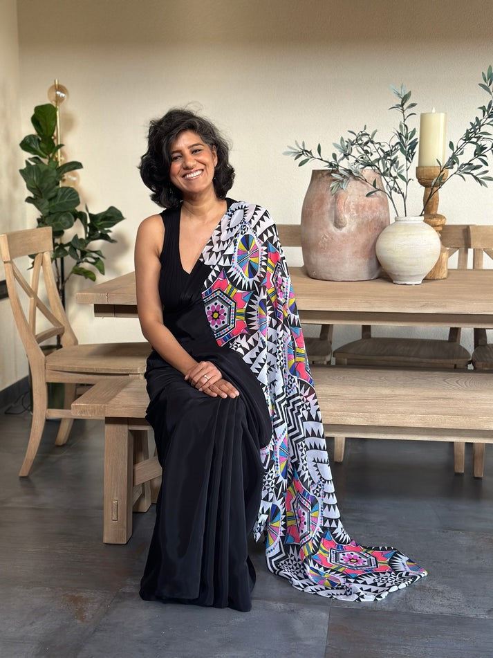 Black Bright Moss Saree With Half Printed Half Plain