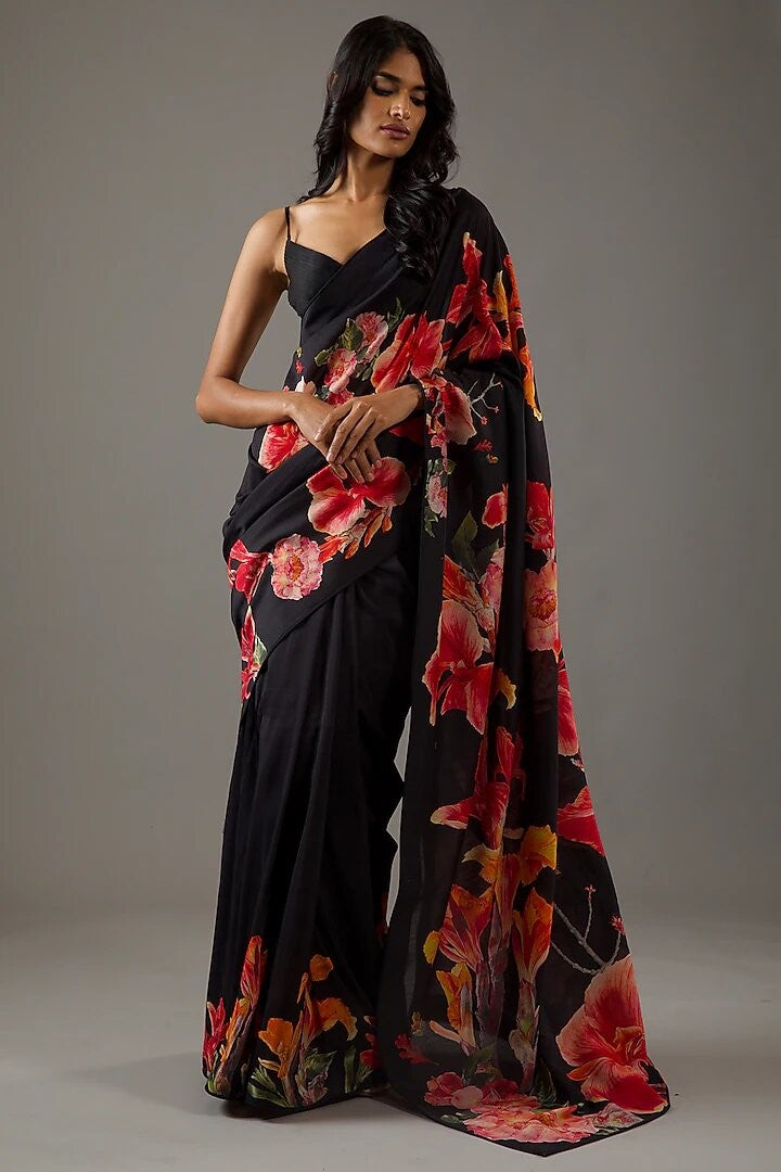 Black Bright Moss Saree With Printed
