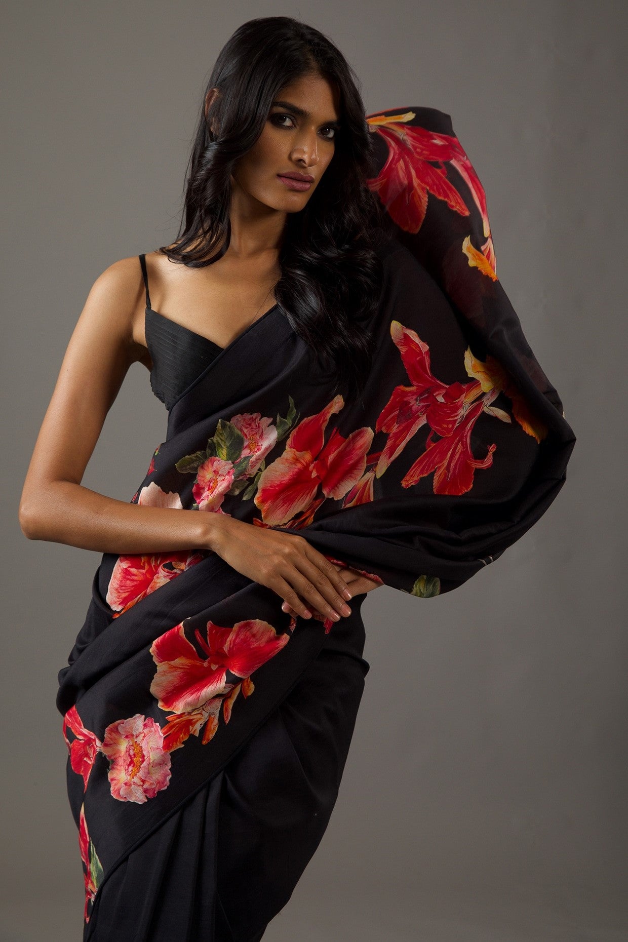 Black Bright Moss Saree With Printed