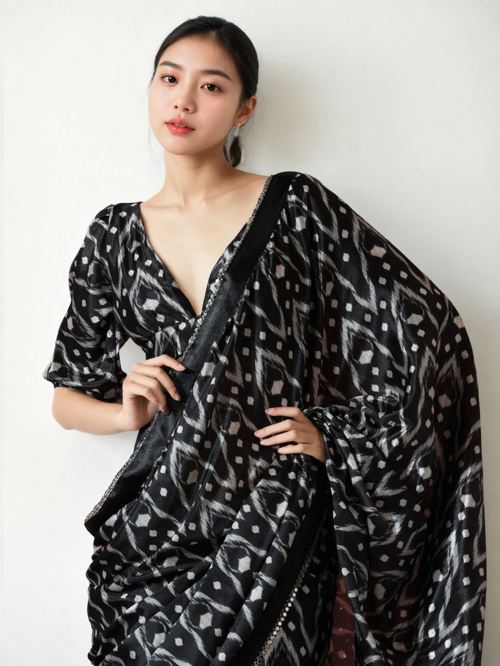Black Chinon Designer Digital Printed Ready To Wear Saree