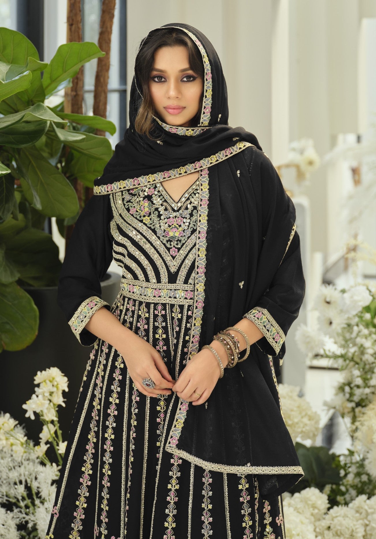 Black Chinon Designer Suit Set With Elegant Embroidery