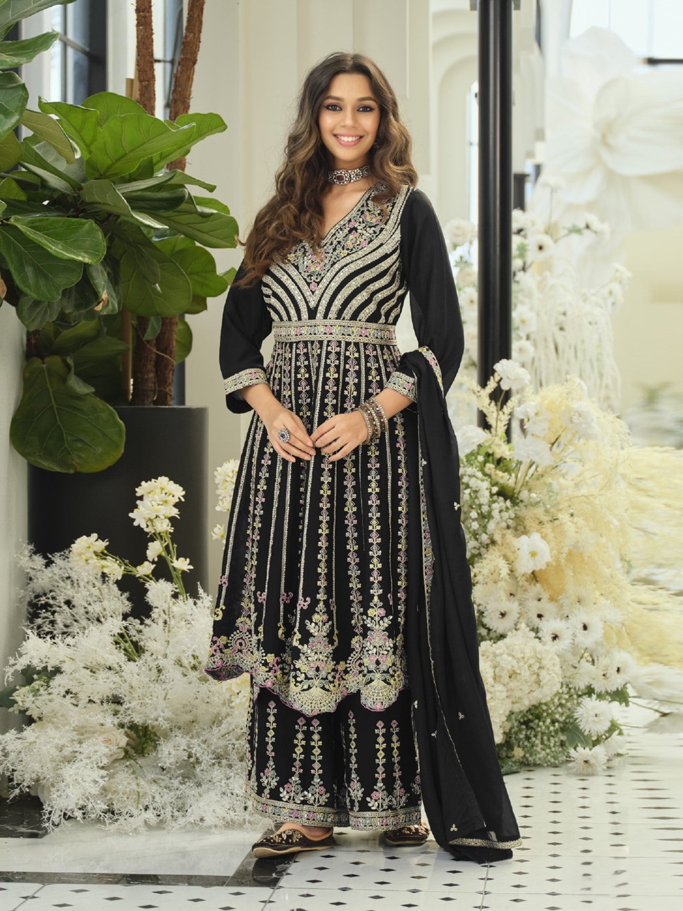 Black Chinon Designer Suit Set With Elegant Embroidery