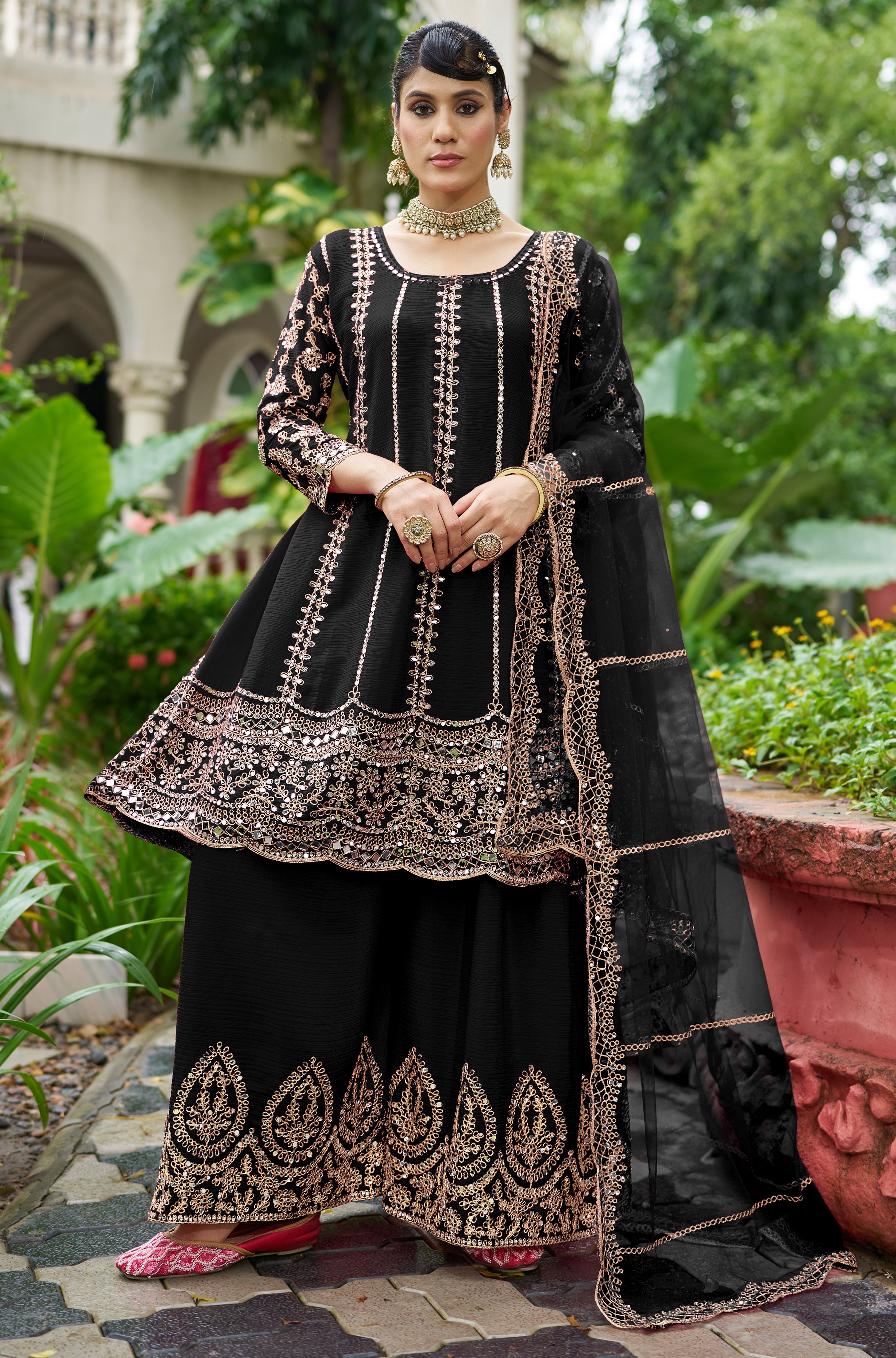 Black Chinon Silk Salwar Suit With Real Mirror Work