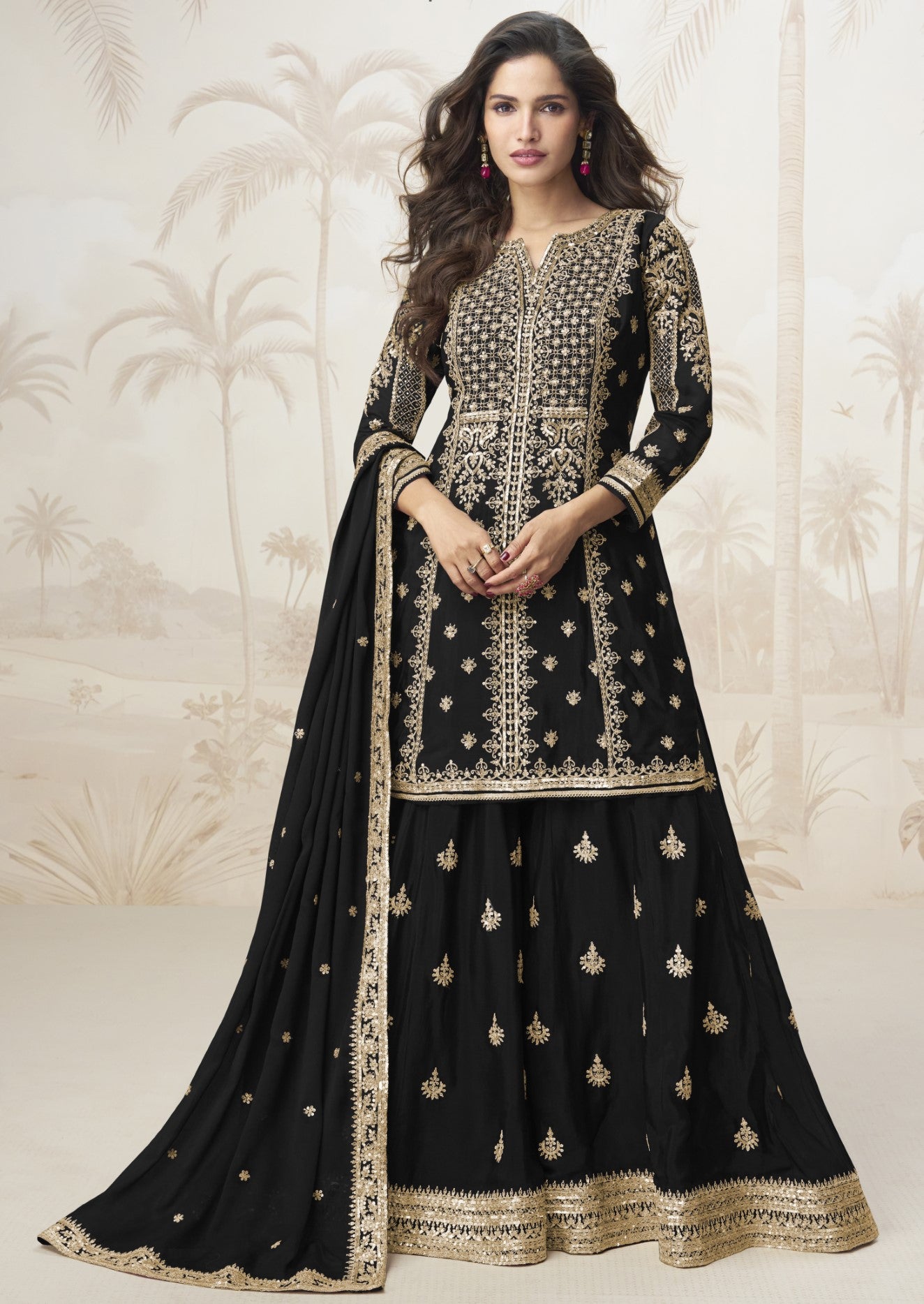 Black Chinon Silk Salwar Suit With Zari Sequin Embroidery