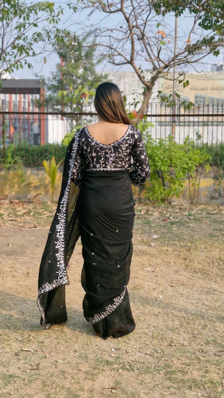 Black Colour Candy Crush Silk Embroidery Work Saree