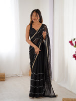 Black Designer Beads Work Sitara Chiffon Girlie Ceremonial Saree