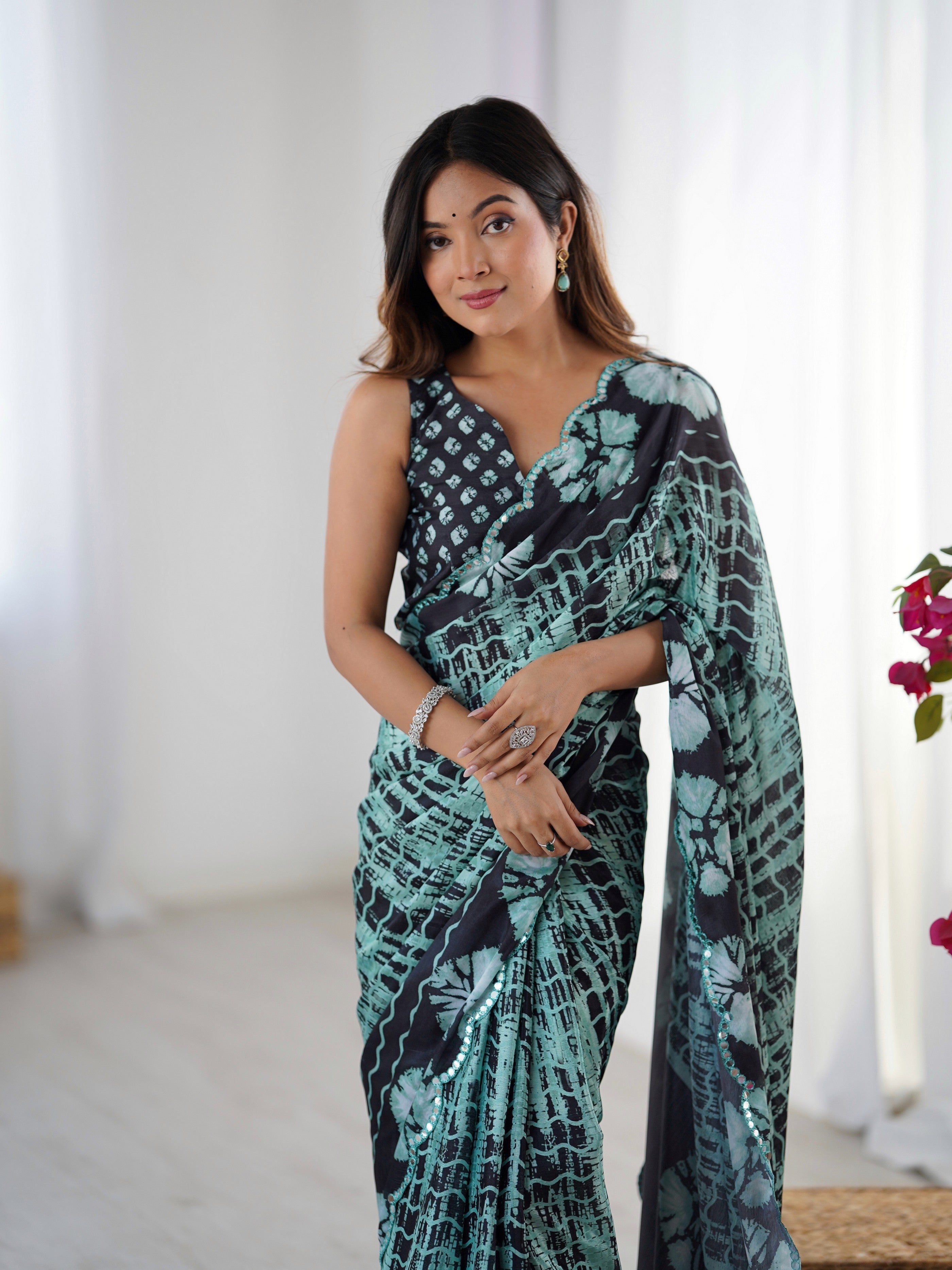 Black Ethnic Partywear Digital Printed Saree With Stylish Cut Border
