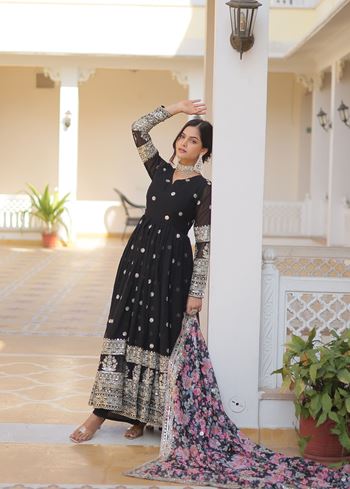 Black Faux Georgette Suit With Embroidery Zari Sequins-work