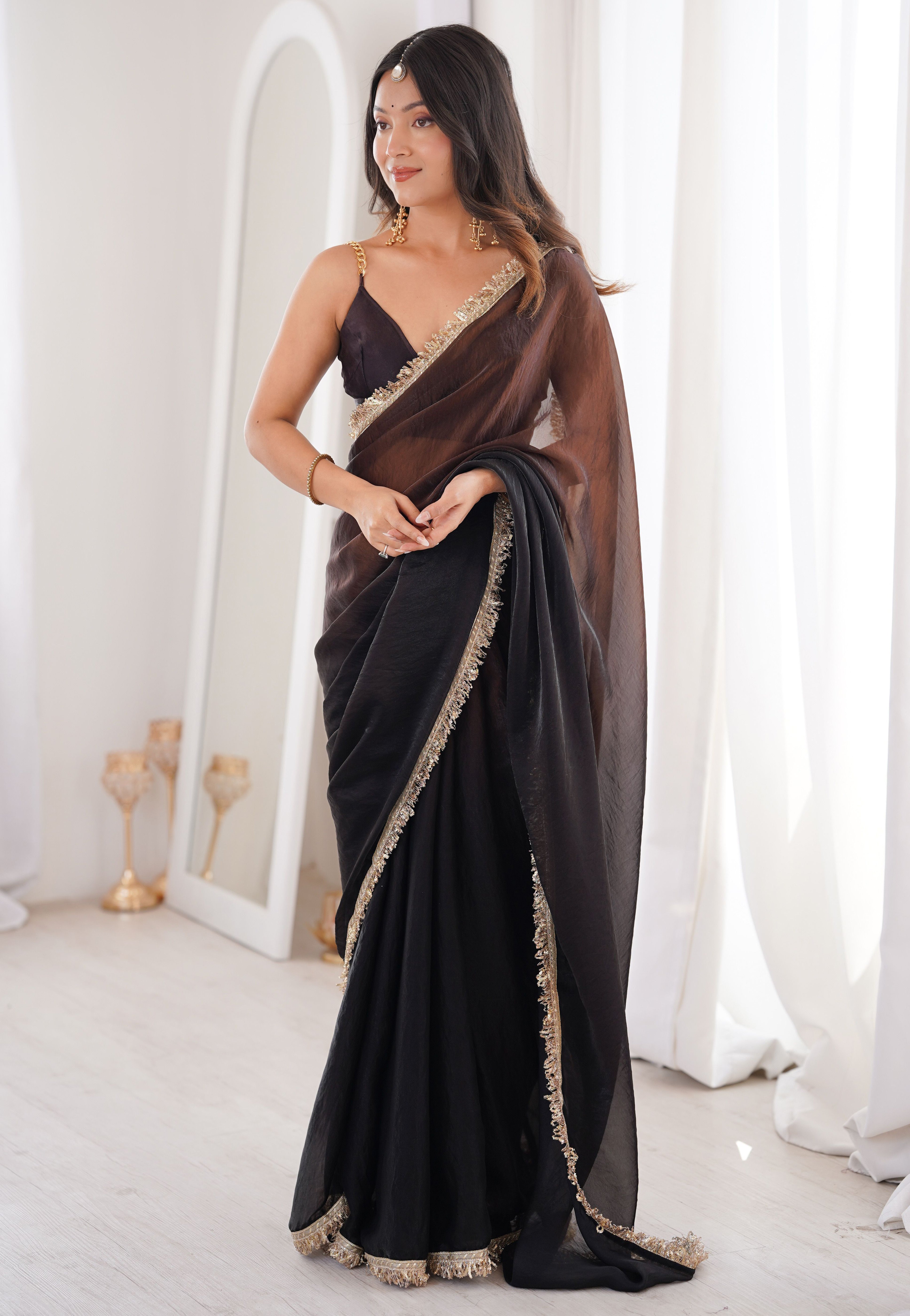 Black Fendi Satin Saree with Double Shaded Sequins Zari Lace Work