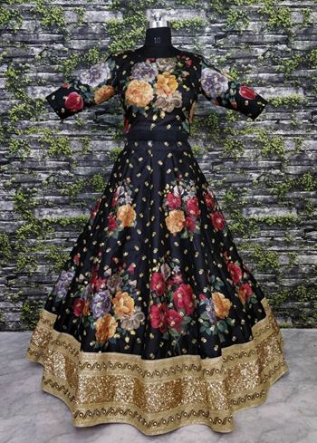 Black Floral Digital Printed Art Silk Bridal Lehenga Choli