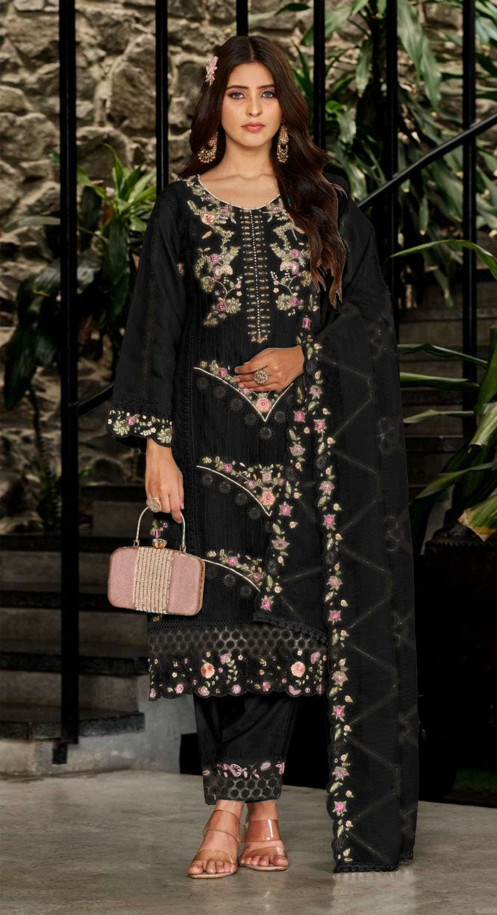 Black Georgette Designer Suit Set With Intricate Embroidery