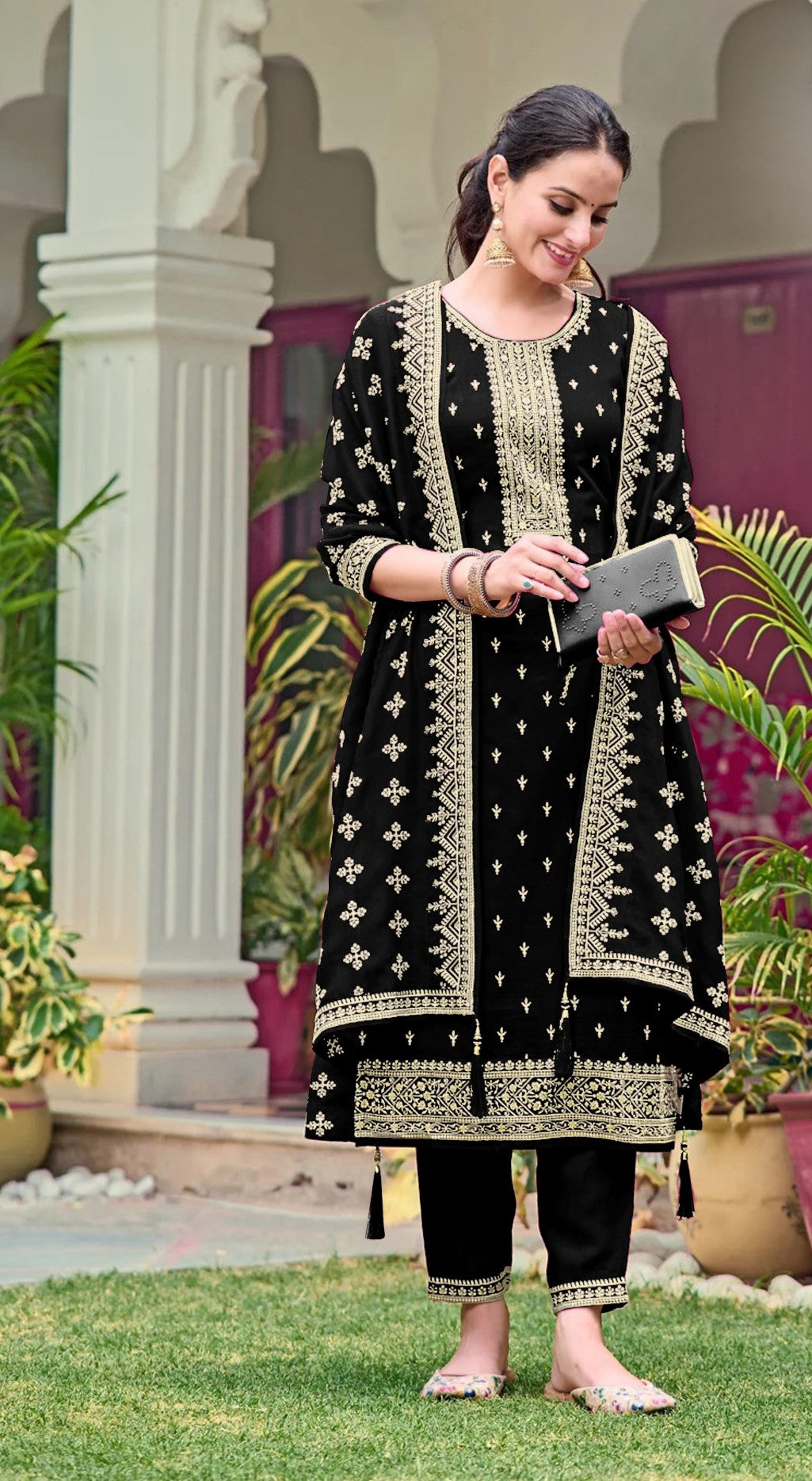 Black Georgette Designer Suit Set With Intricate Embroidery