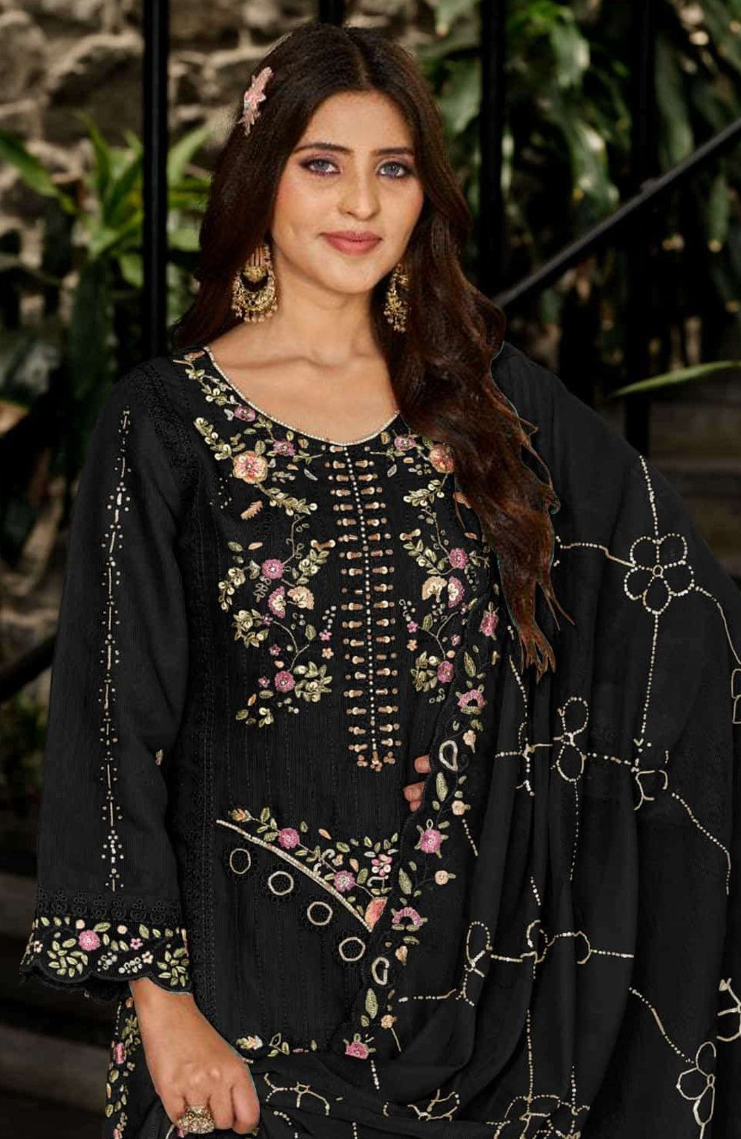 Black Georgette Designer Suit Set With Intricate Embroidery