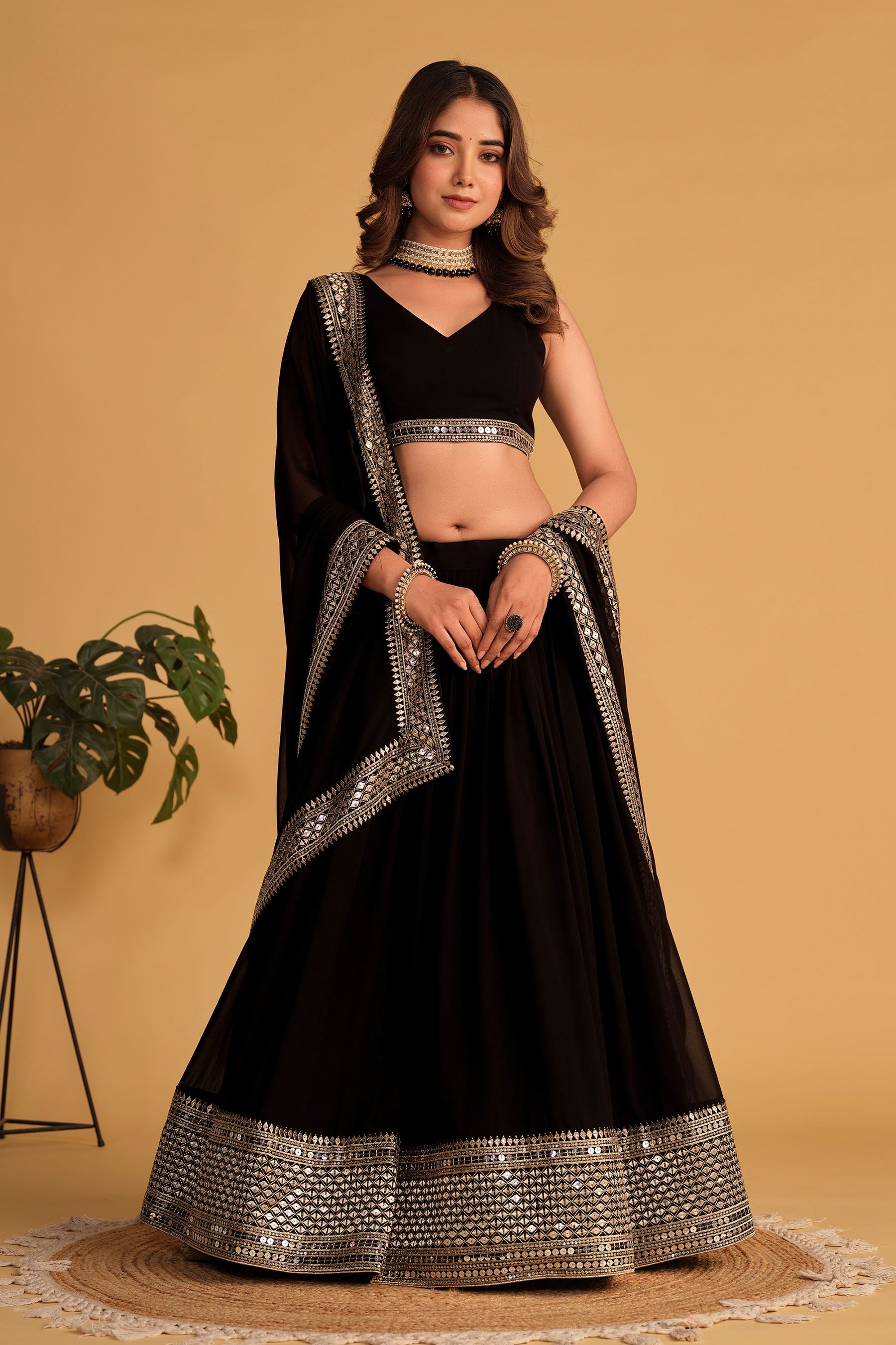 Black Georgette Lehenga Choli With Sequins Zari Embroidered Work
