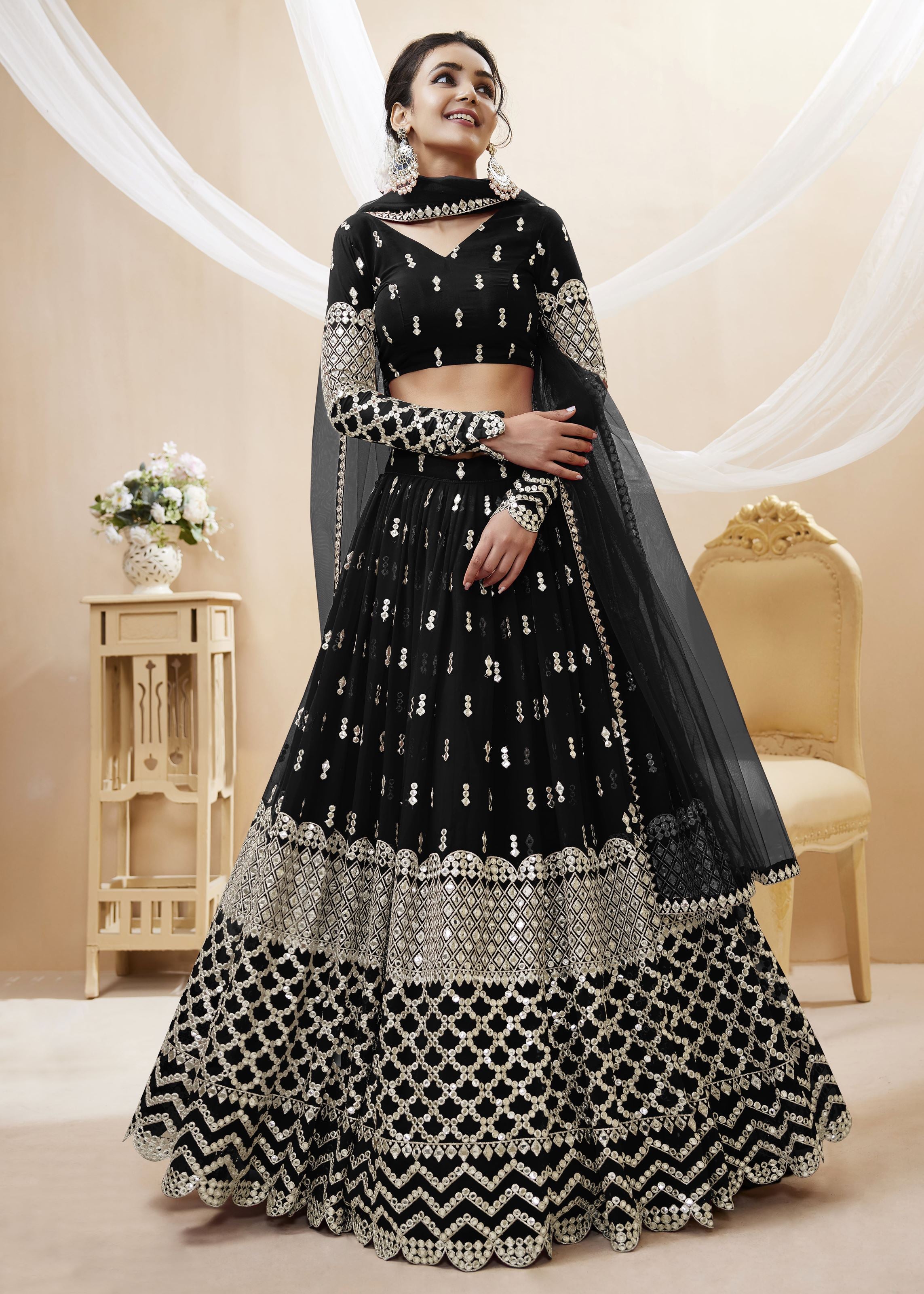 Black Georgette Lehenga Choli With Sequins Zari Embroidered Work