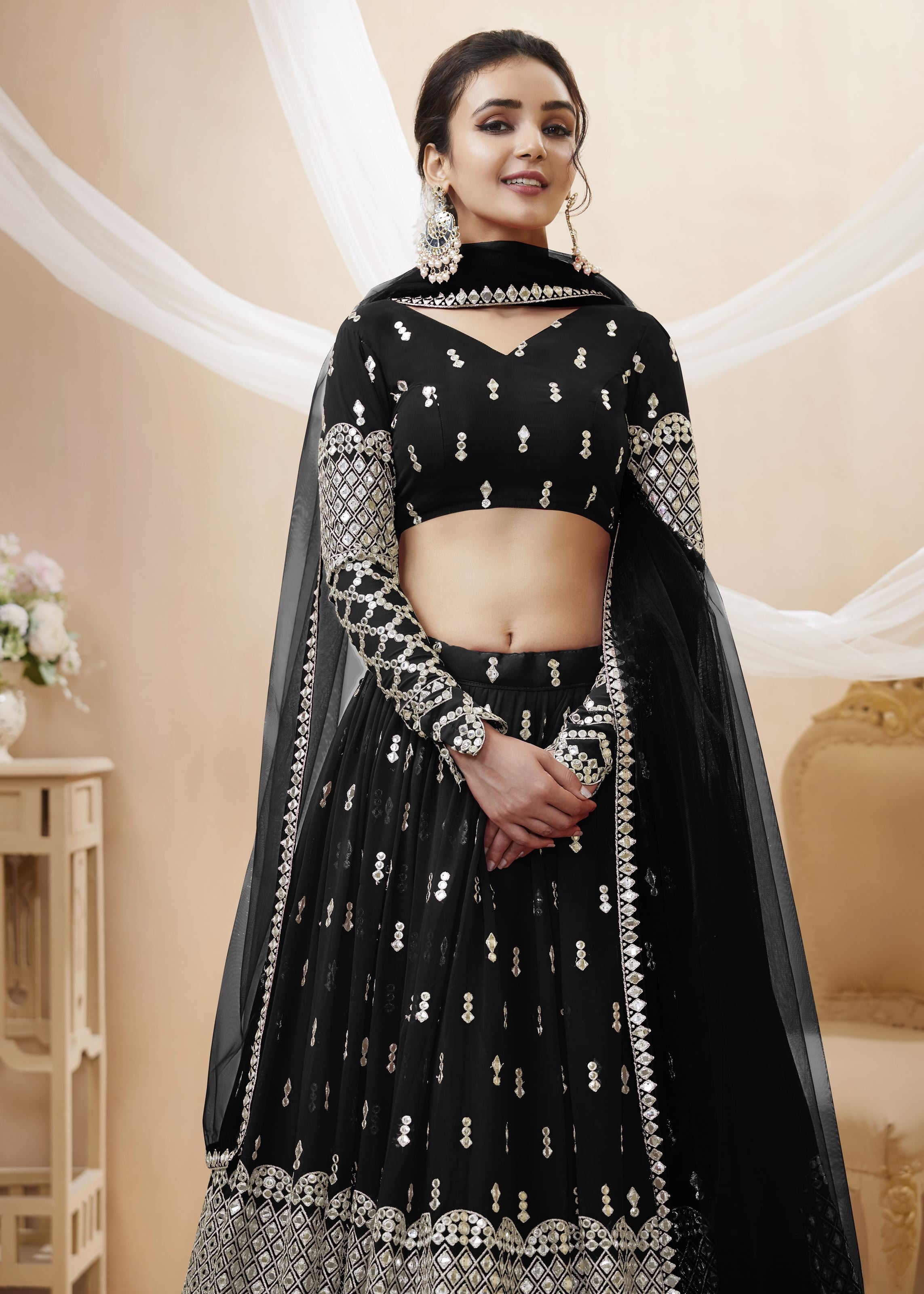 Black Georgette Lehenga Choli With Sequins Zari Embroidered Work