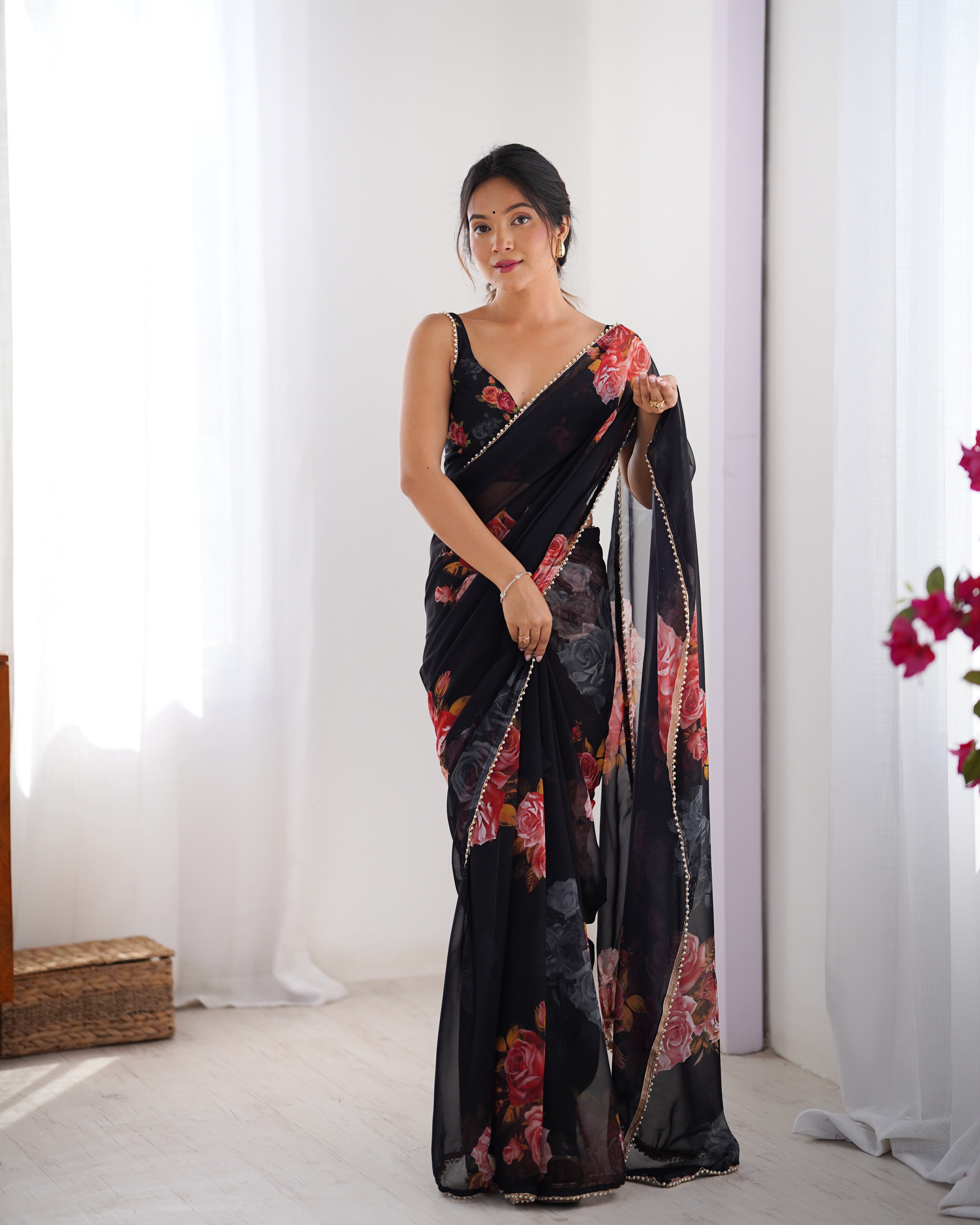Black Georgette Saree Designed With Hand Print And Moti Lace Border
