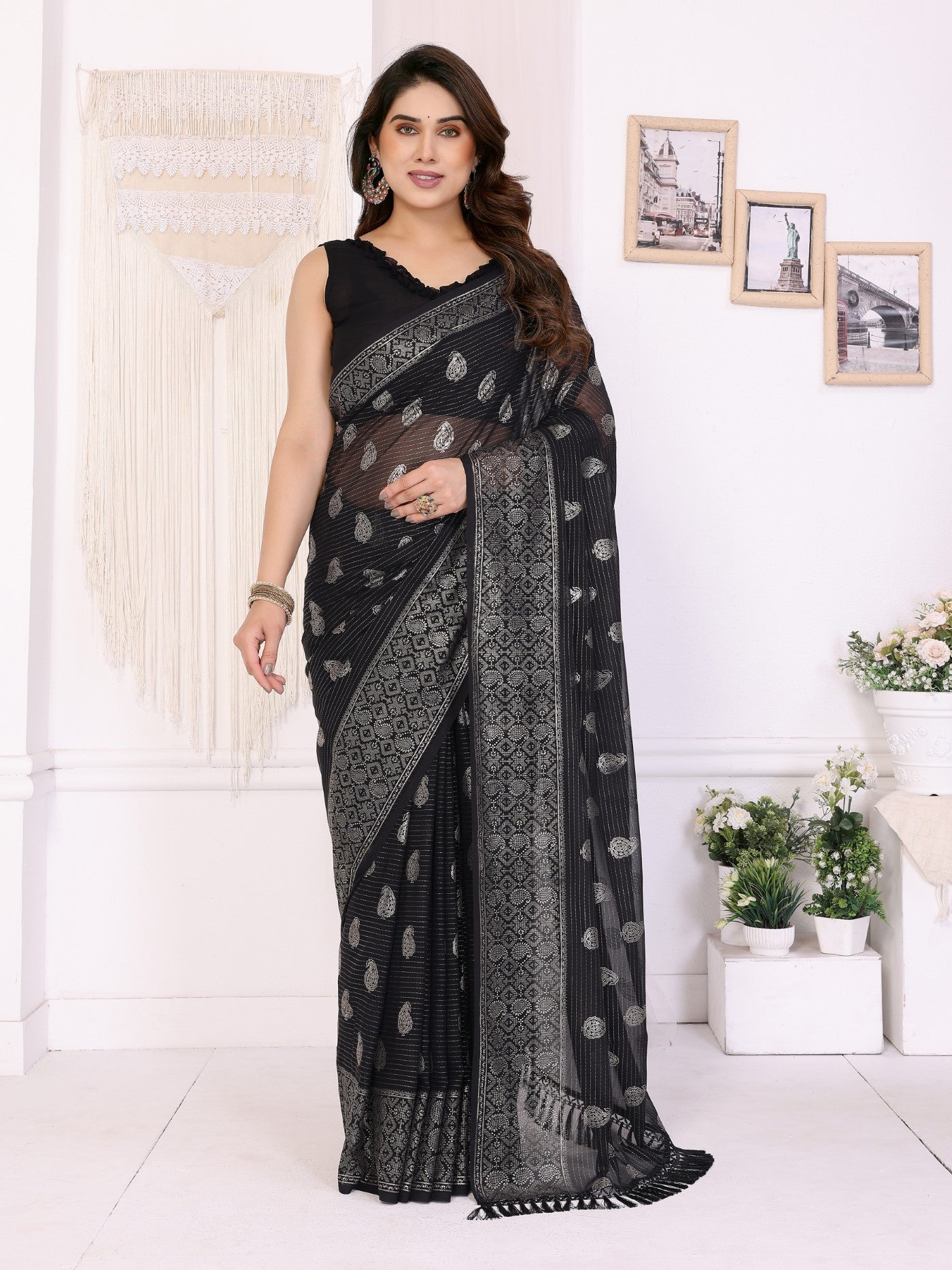 Black Georgette Saree With Foil Work And Designer Lace Border