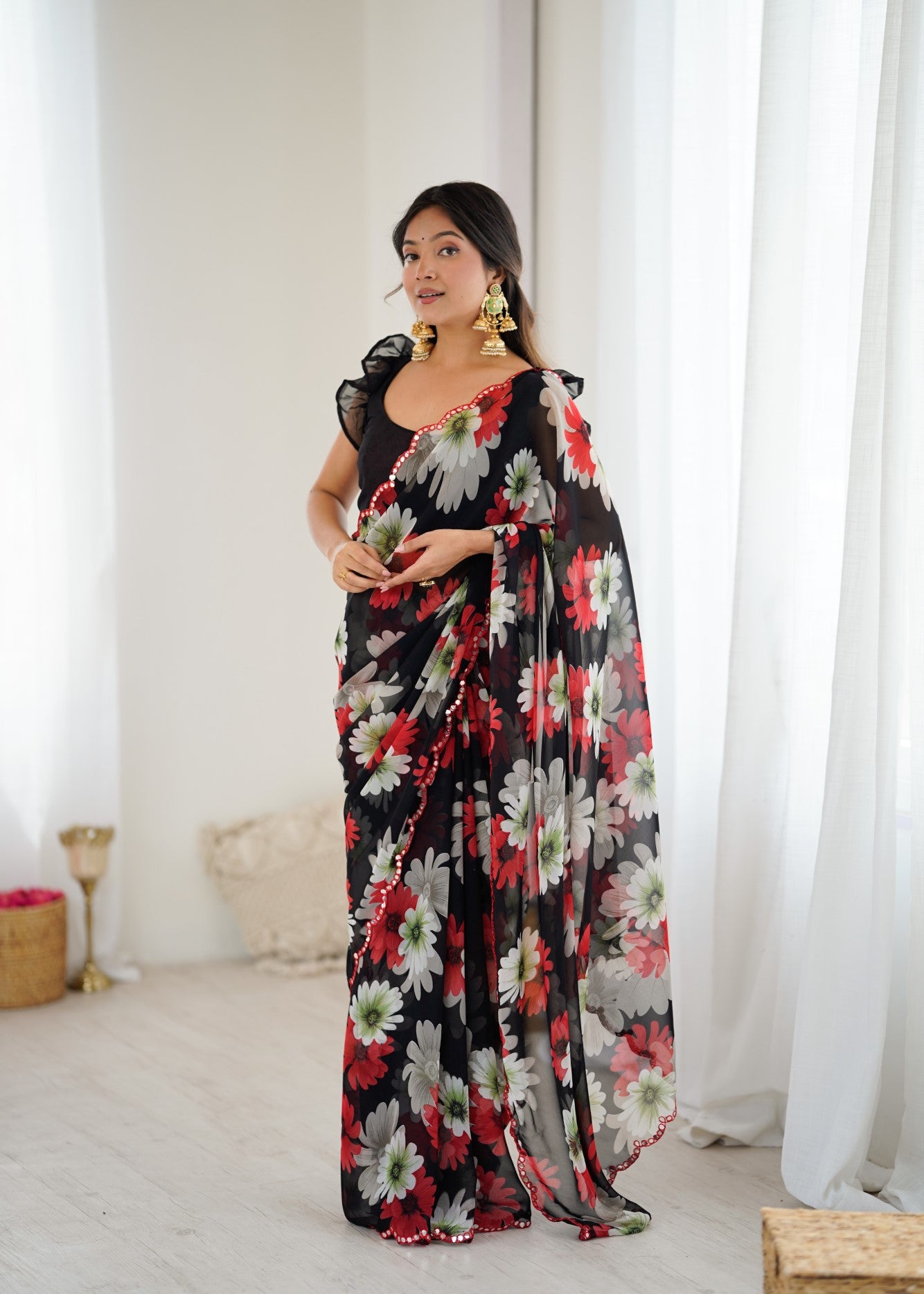 Black Georgette Saree With Printed Design And Mirror Work