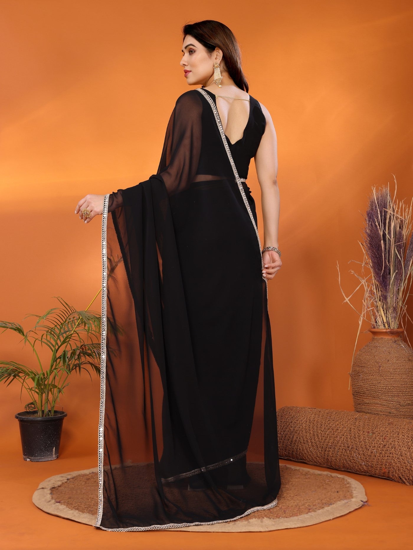 Black Georgette Saree with Mirror Border