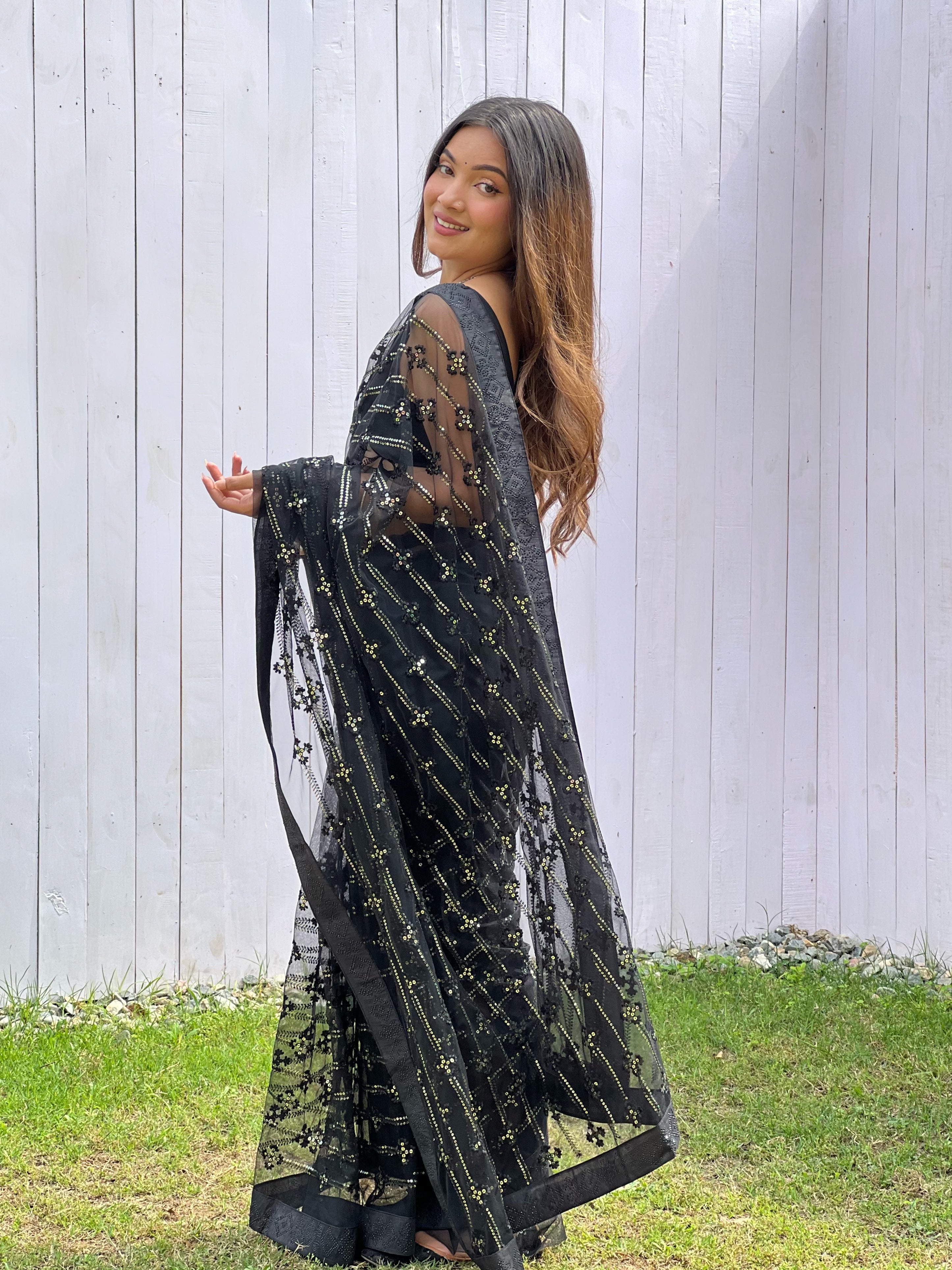 Black Graceful Butterfly Net Sequins Embroidery Saree With Diamond Work
