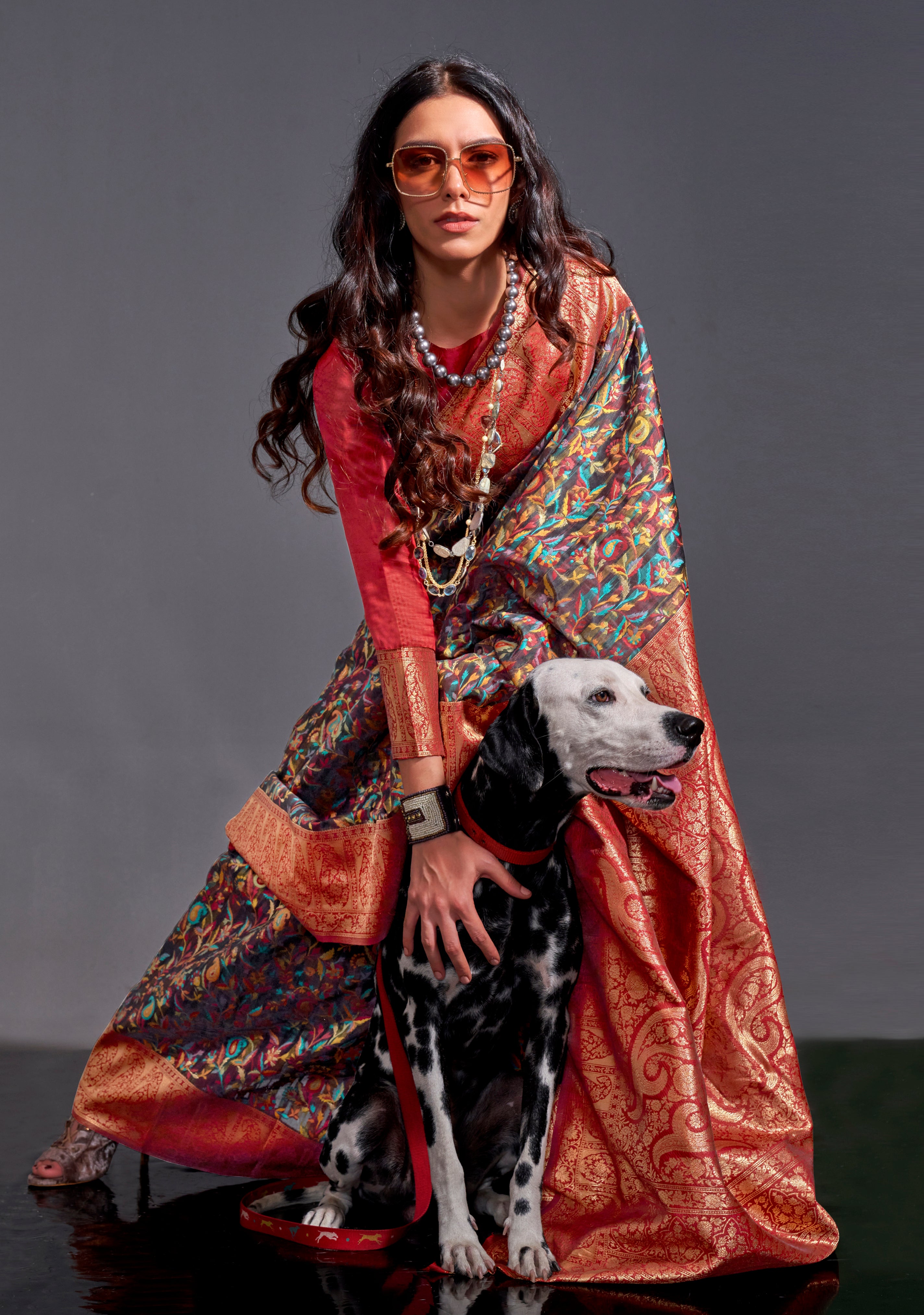 Black Kashmiri Silk Saree With  Kashmiri Chaap Jacquard Woven Work