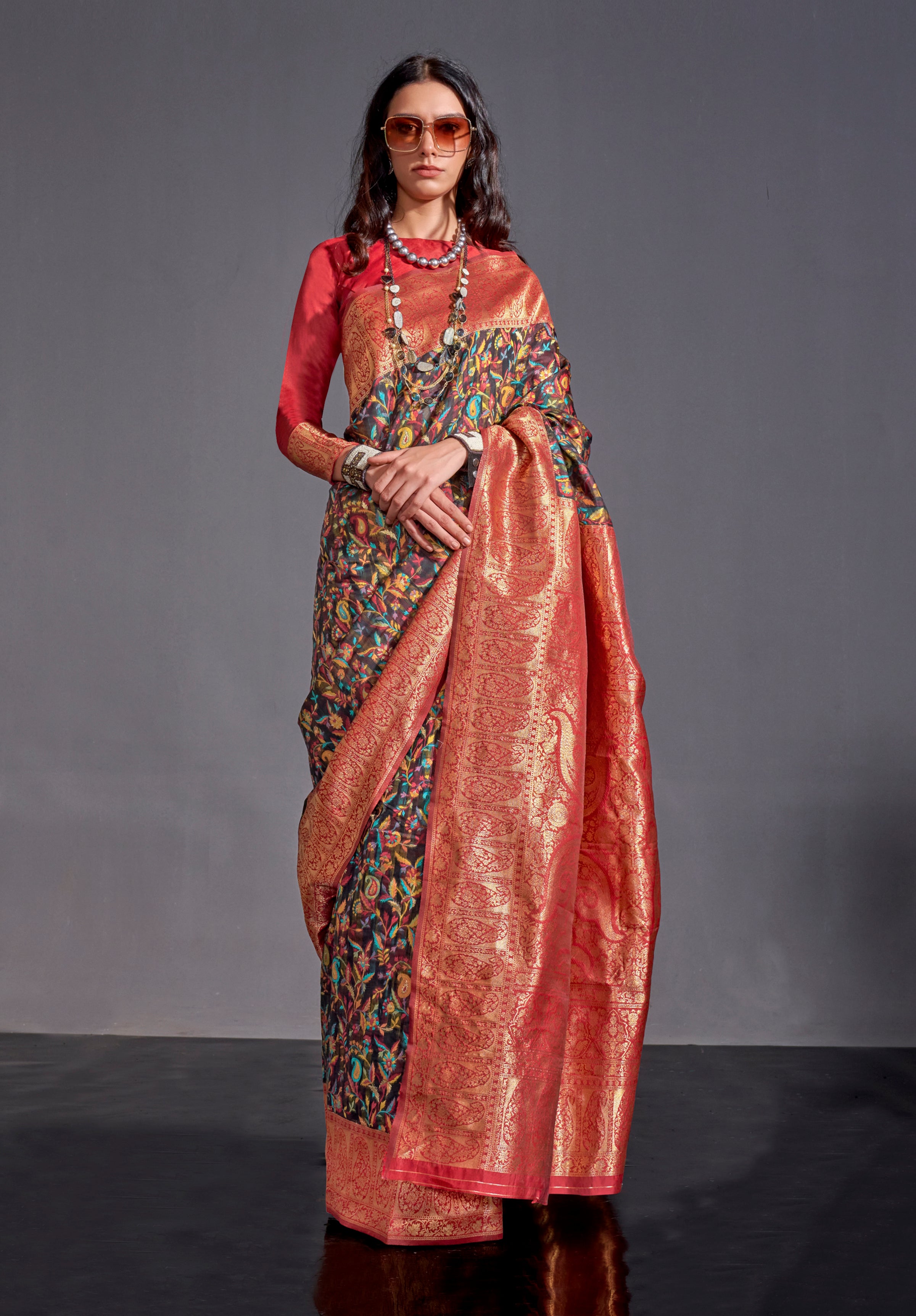 Black Kashmiri Silk Saree With  Kashmiri Chaap Jacquard Woven Work