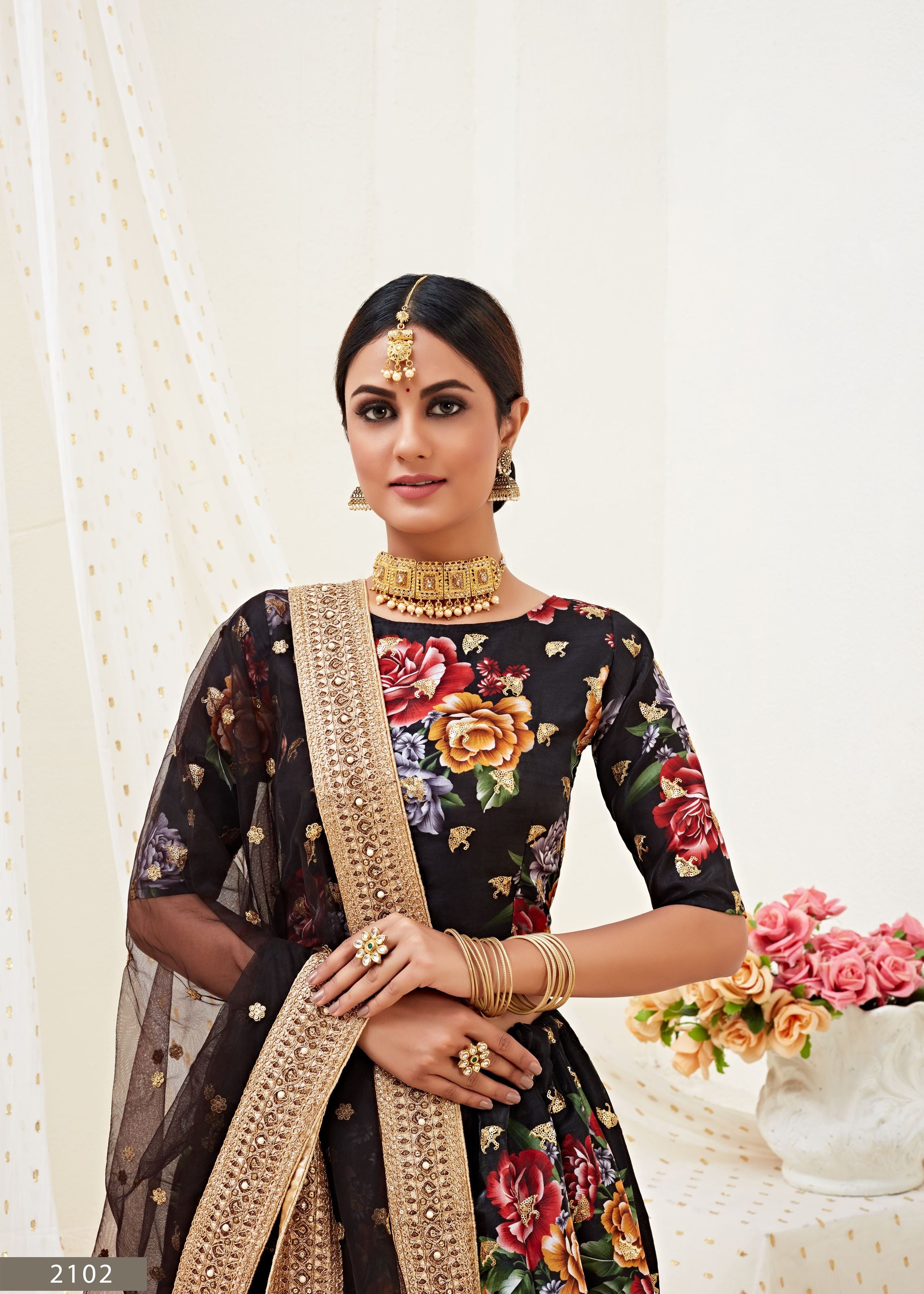 Black Lehenga Choli With Digital Print With Dori, Sequins Embroidered Border And Pearl Work