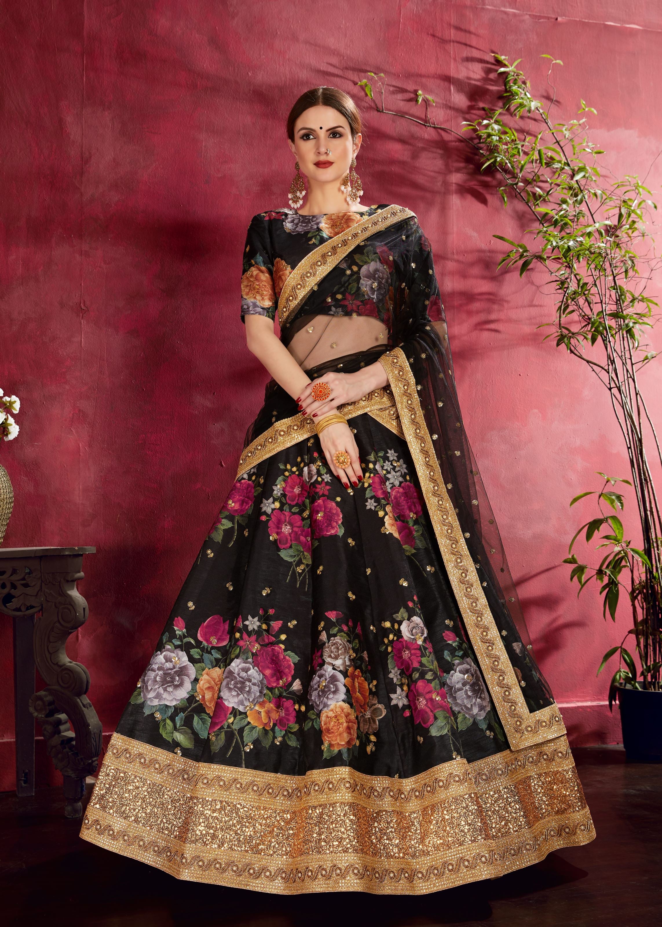 Black Lehenga Choli With Floral Print, Dori, Zari And Sequins Embroidery