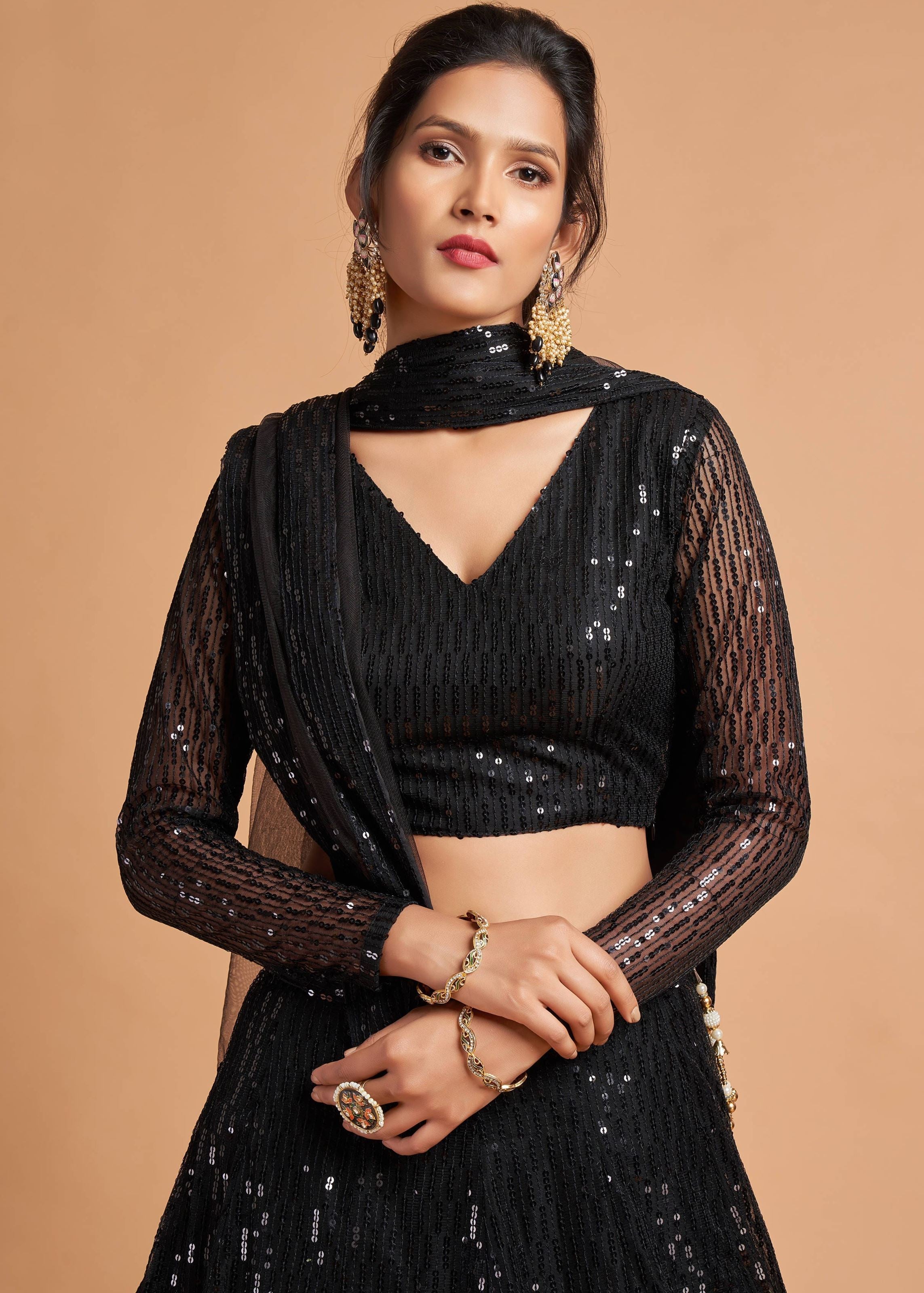 Black Lehenga Choli With Thread And Multiple Sequins Embroidery Work