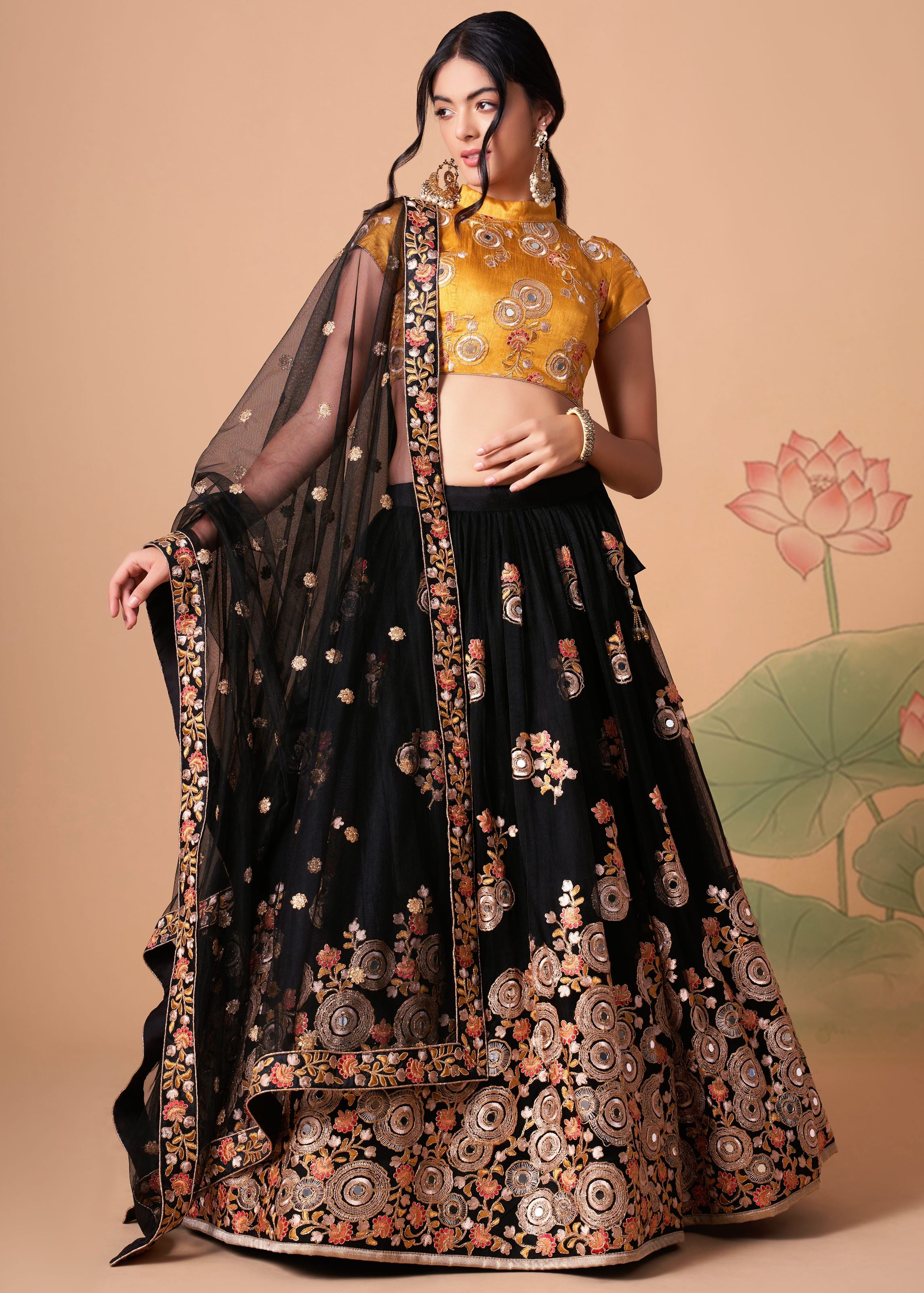 Black Lehenga Choli With   Thread, Zari, Dori And Sequins Embroidery With Mirror Work