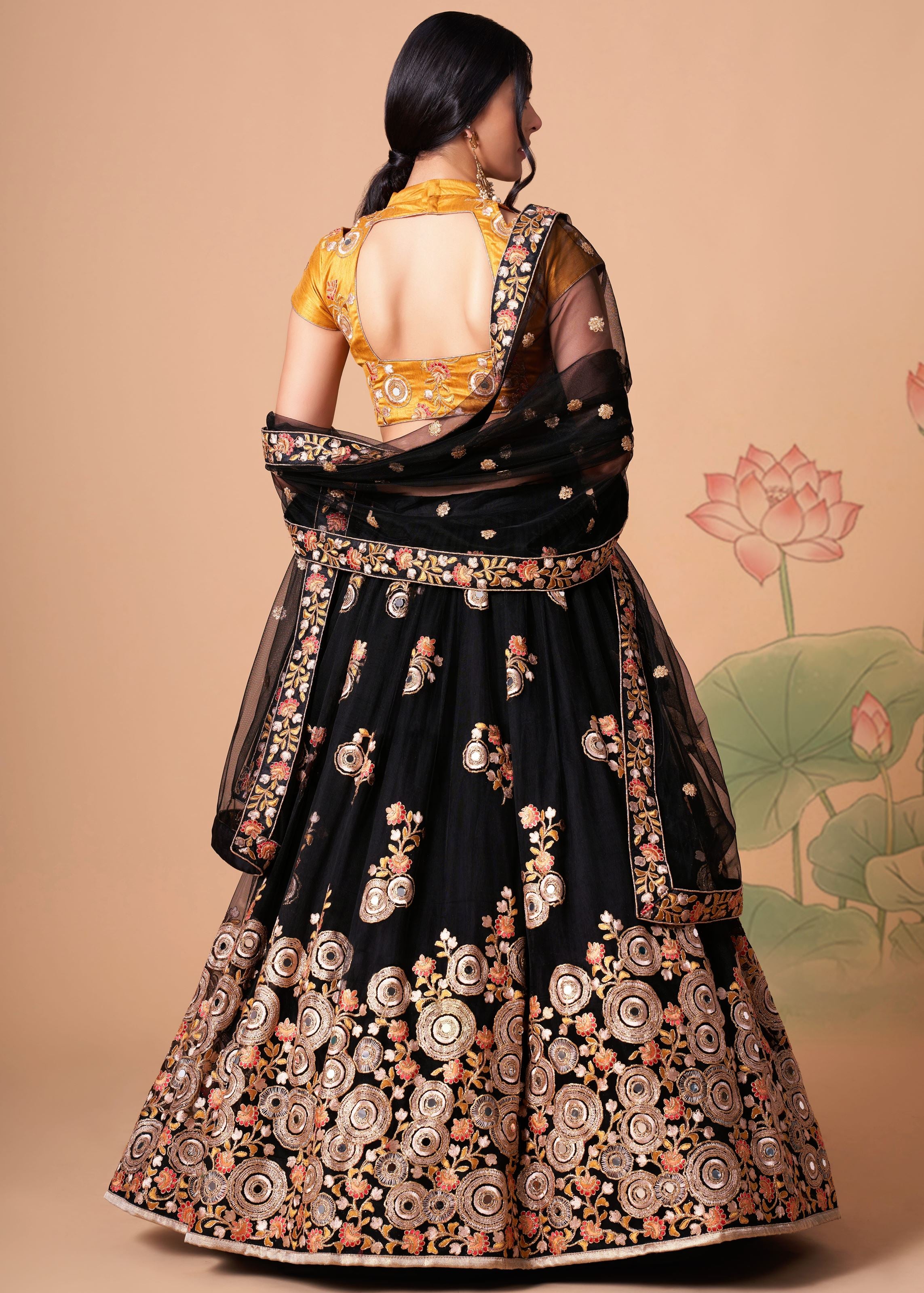 Black Lehenga Choli With   Thread, Zari, Dori And Sequins Embroidery With Mirror Work