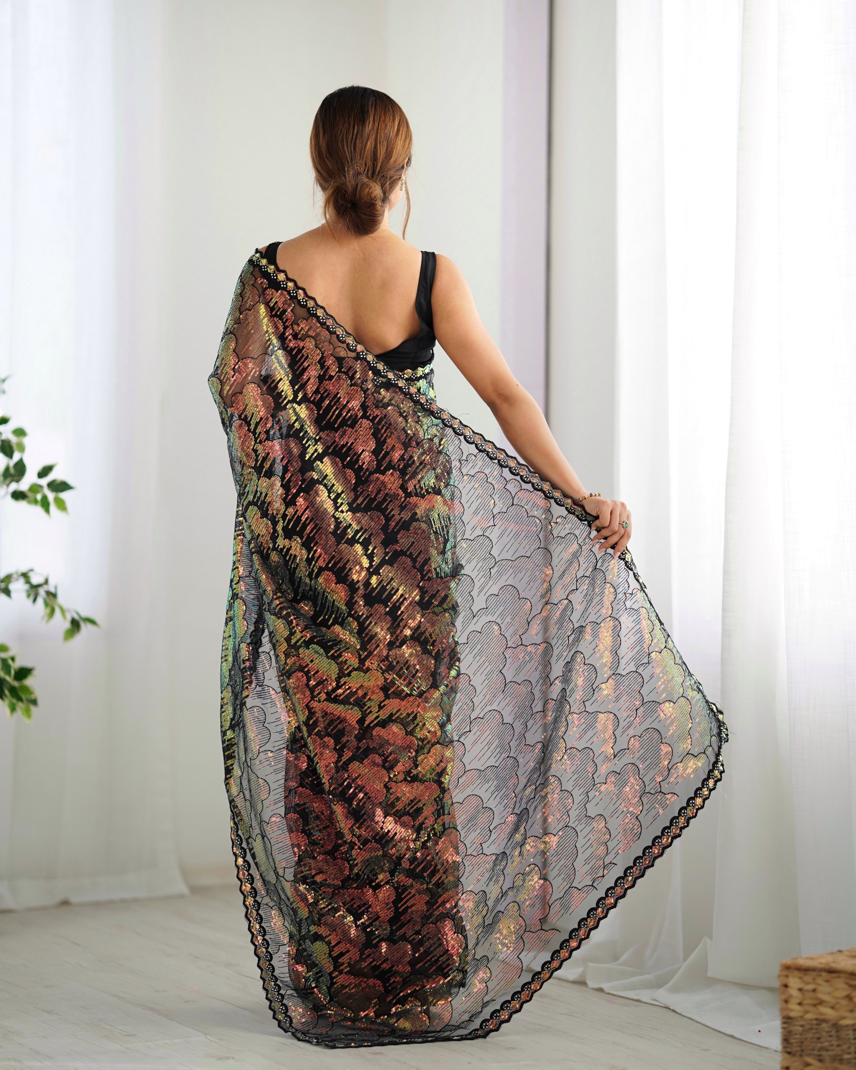 Black Mono Net Beautiful Bollywood Saree With Designer Sequins Work