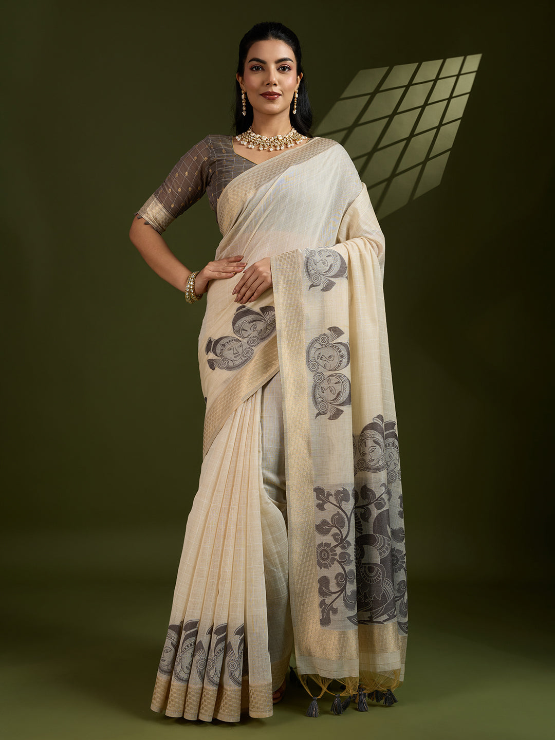Black Muga Cotton Saree with Checks and Kalamkari Pallu