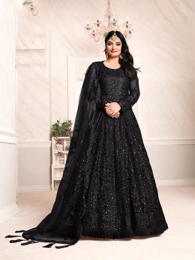 Black Net Heavy Thread Embroidery And Sequence Work  Anarkali Suits