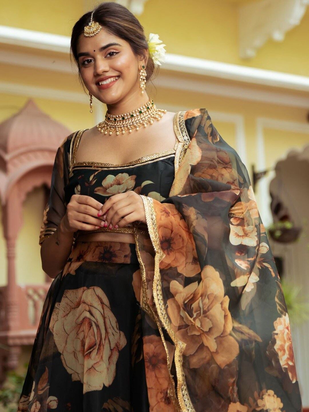 Black Organza Lehenga Choli With Digital Print with Gota Patti Work