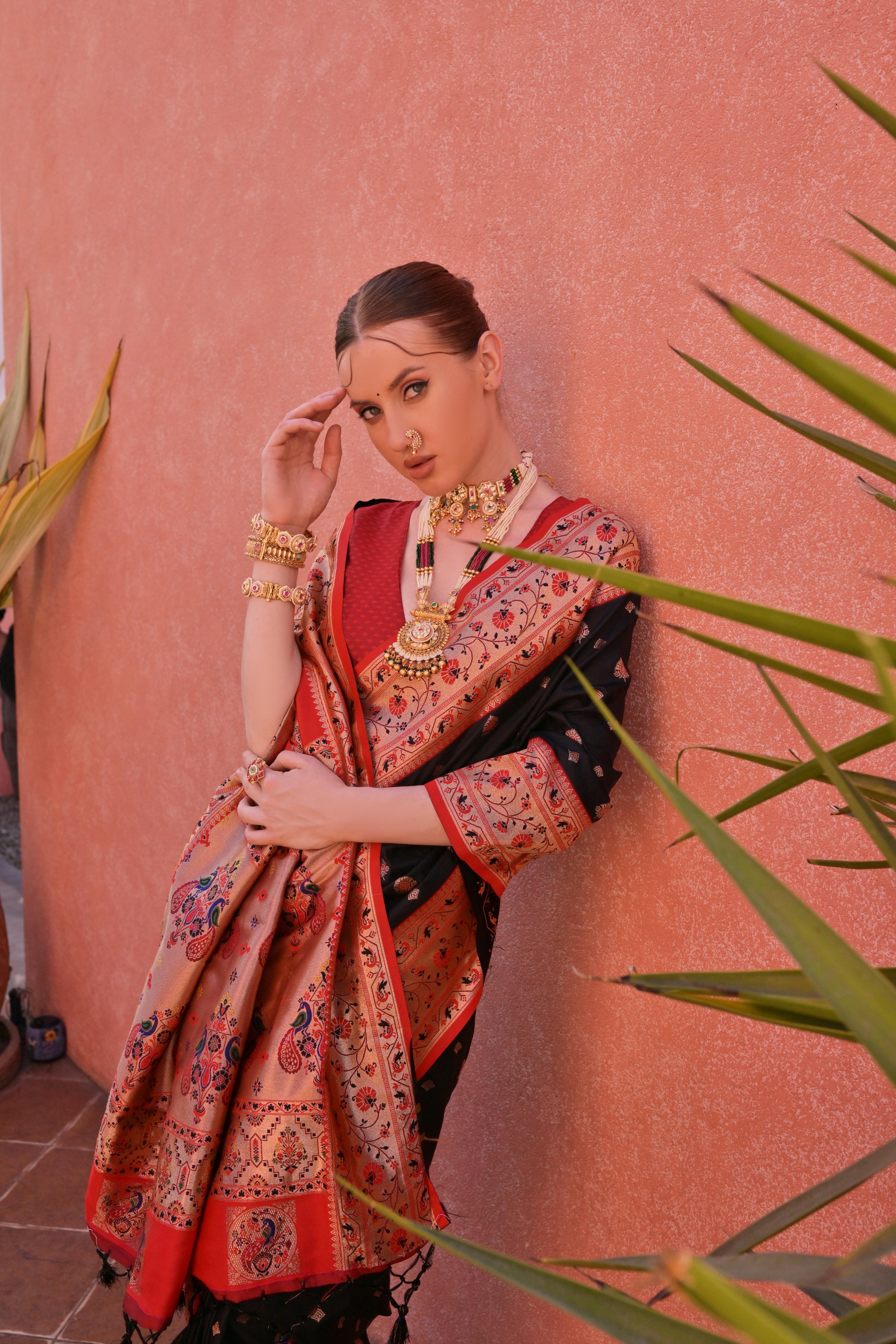 Black Paithani Silk Saree with Paithani Pallu and Zari Butti
