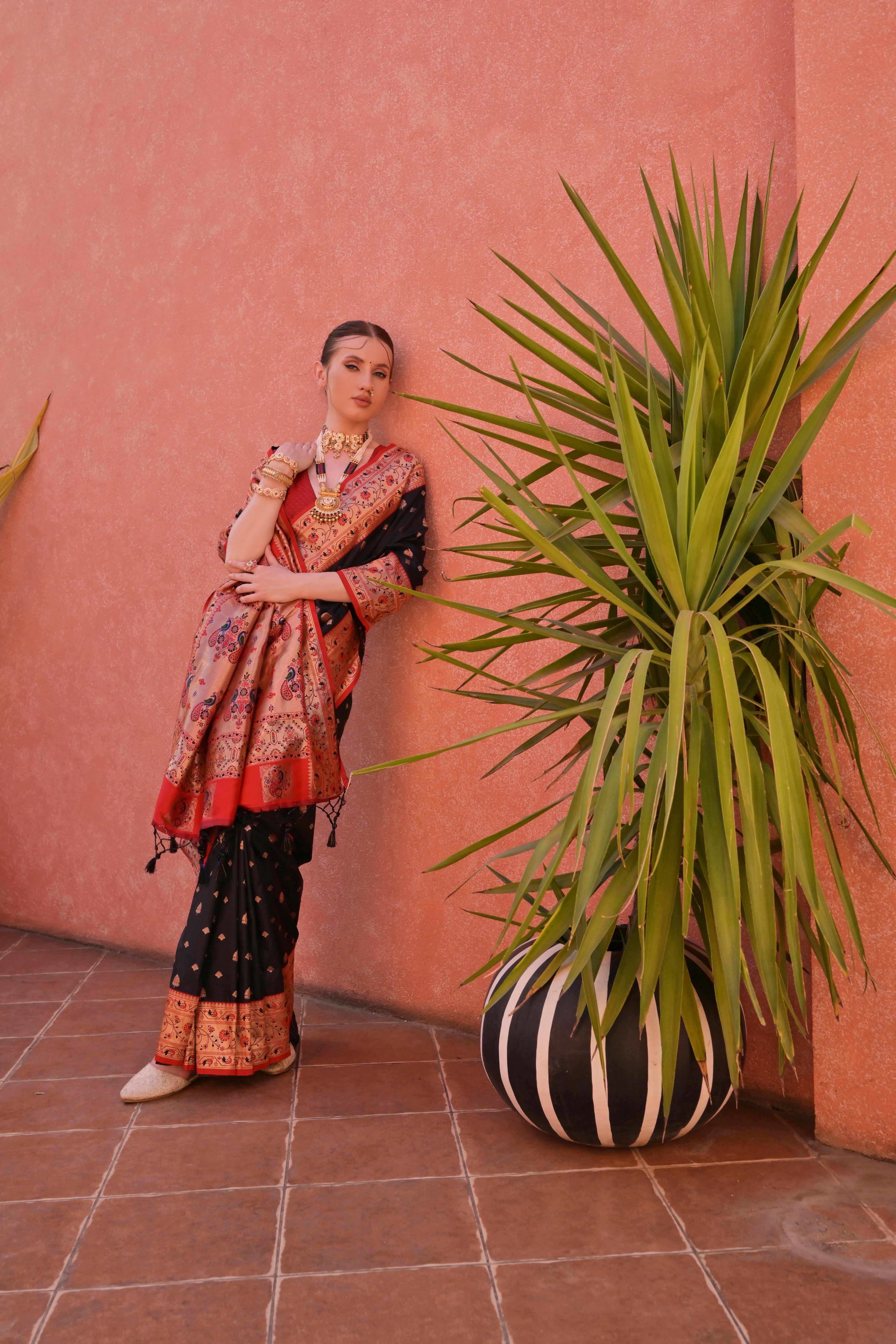 Black Paithani Silk Saree with Paithani Pallu and Zari Butti