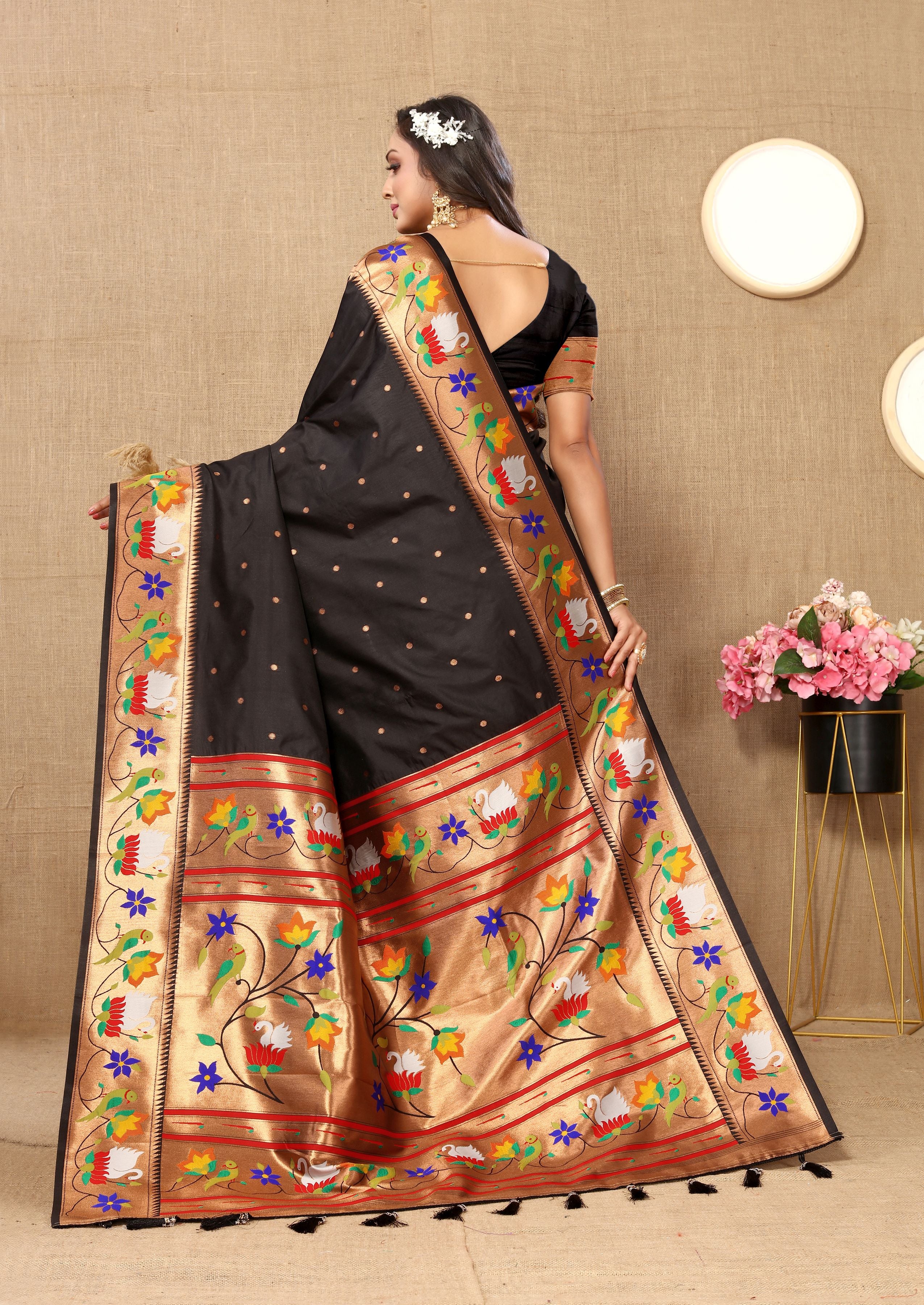 Black Paithani Silk Woven Meenakari Paithani Designer Ethnic Heavy Looks Saree