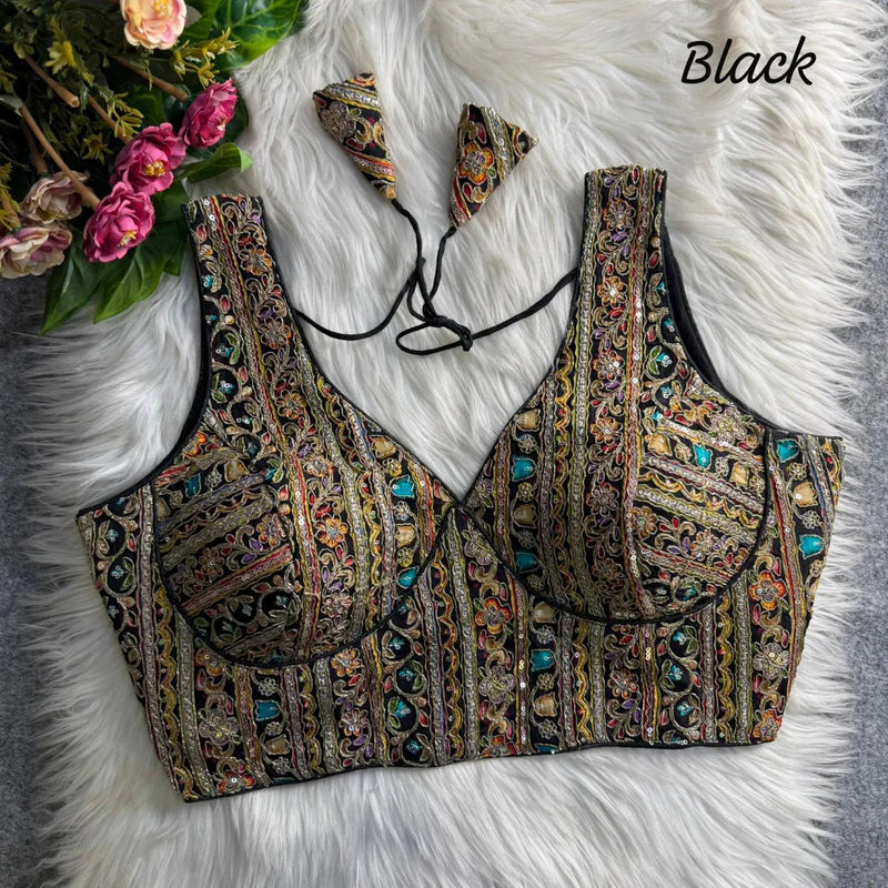 Black Royal Couture Heavy Neck Position Work Blouse  Pure Crepe Embroidered & Sequined Partywear