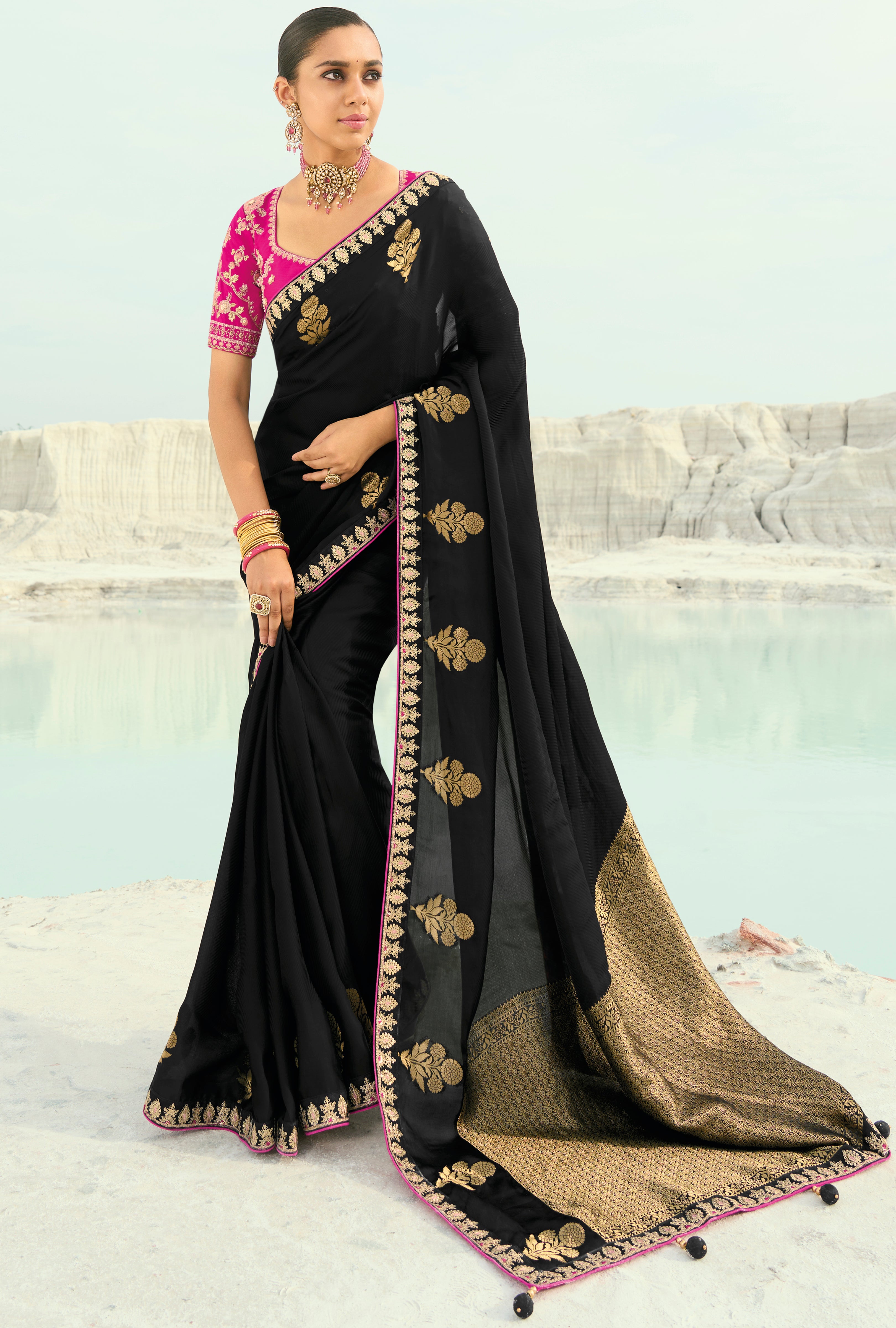 Black Saree With  Coding Border With Cut-Dana, Moti Heavy Work Blouse