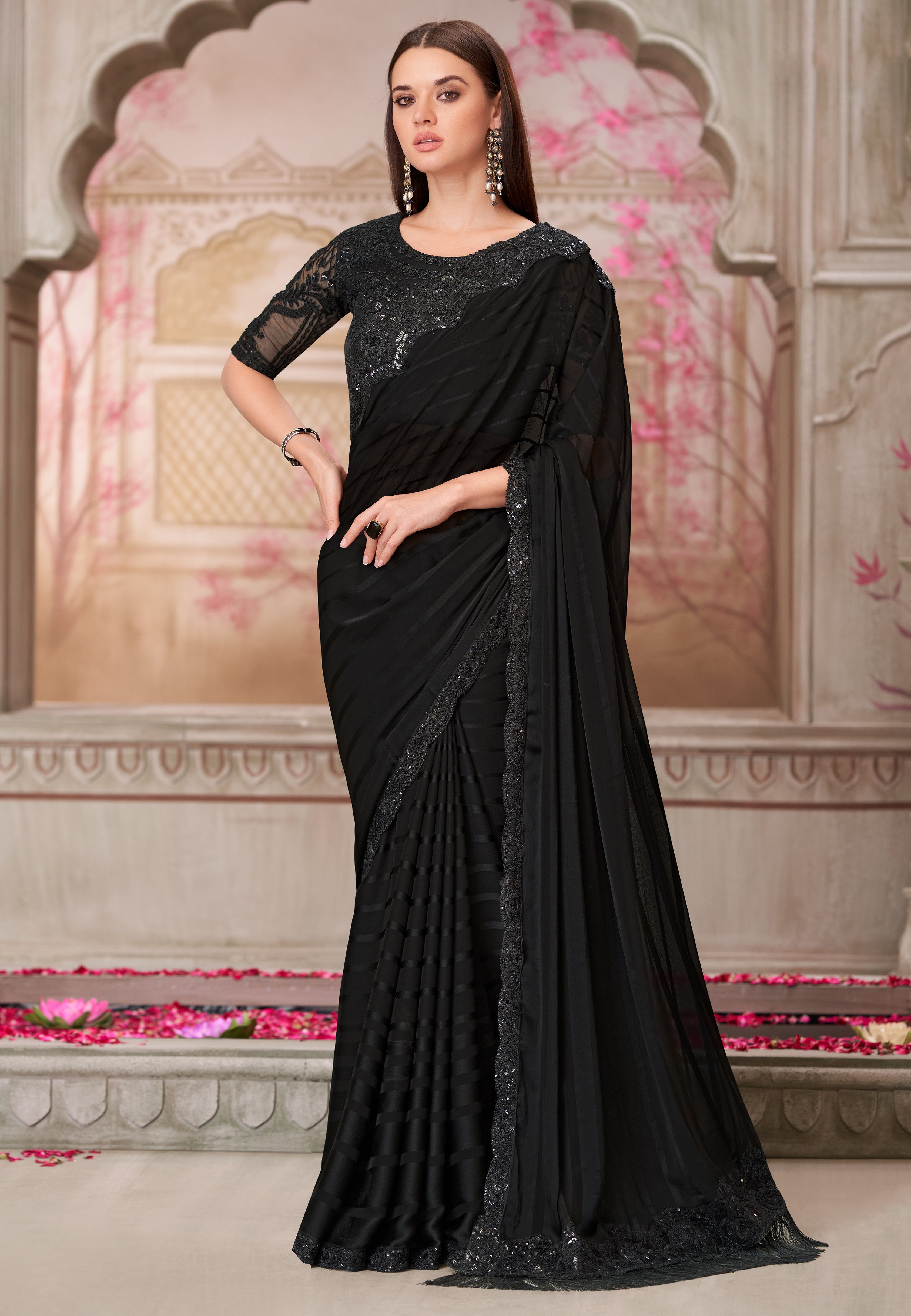 Black Saree With  Heavy Thread Embroidery Sequins Border Work With Embroidery Blouse