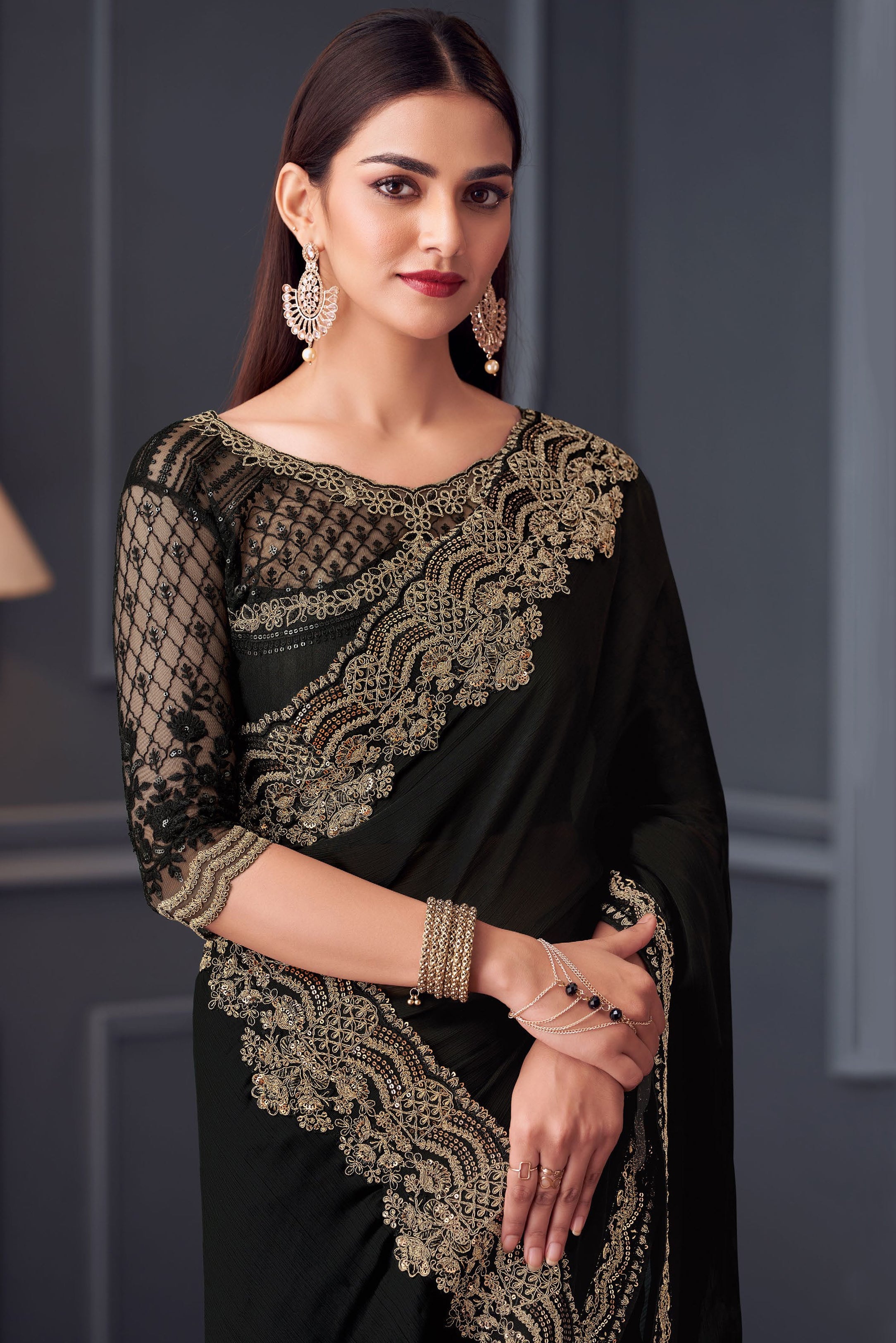Black Saree With  Heavy Thread Embroidery Sequins Work