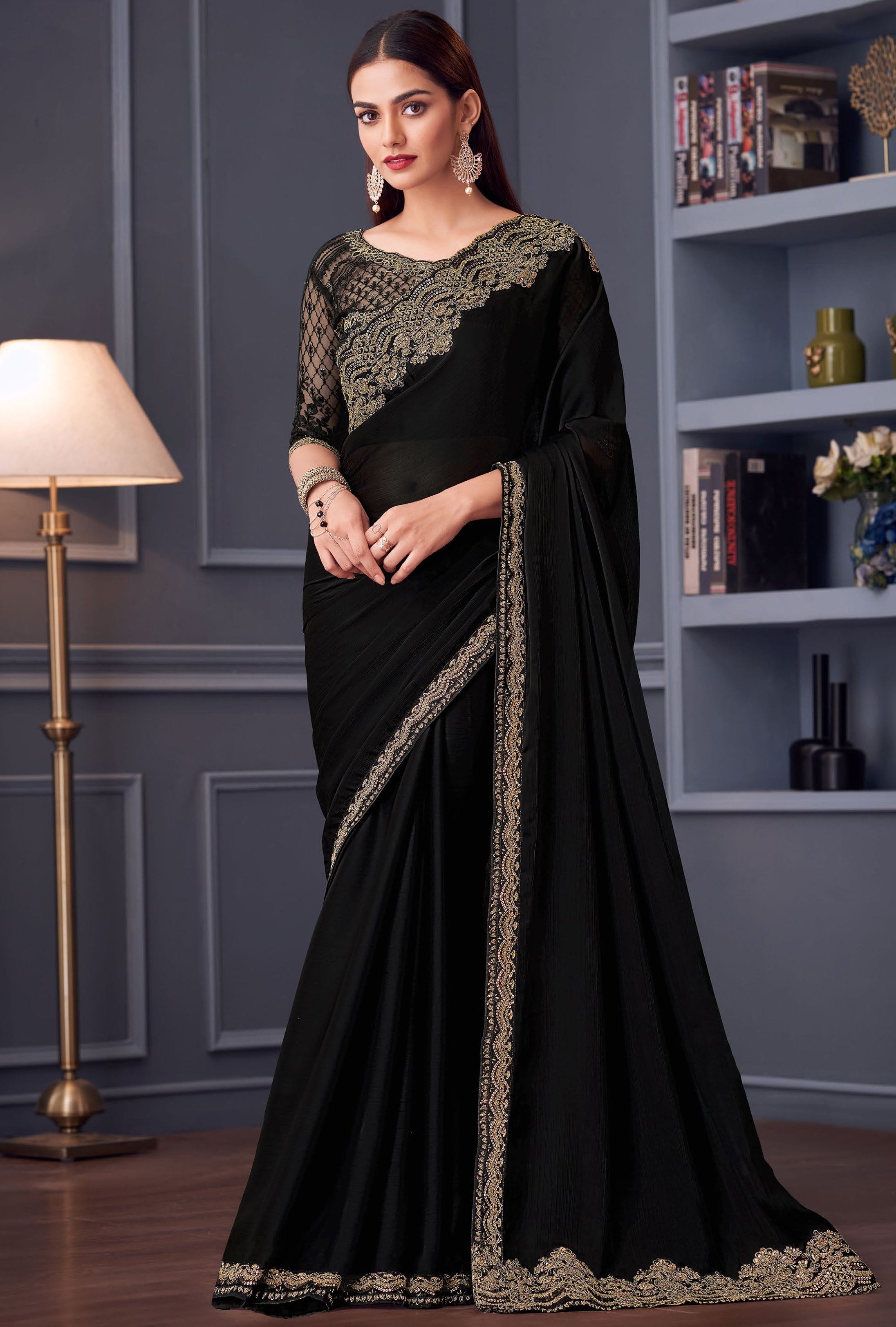 Black Saree With  Heavy Thread Embroidery Sequins Work