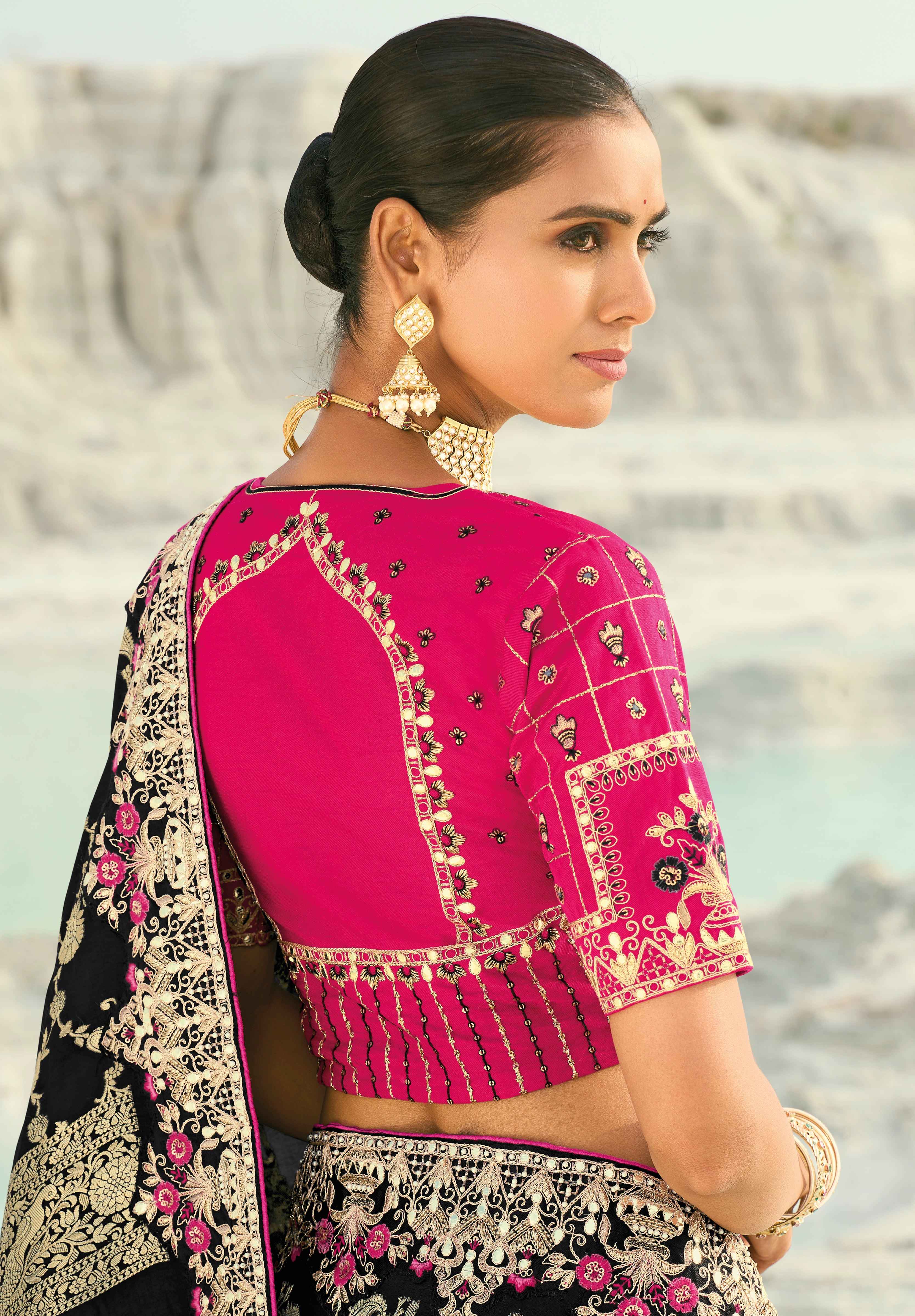 Black Saree With  Jari, Thread, Moti With Cut-Dana Heavy Work