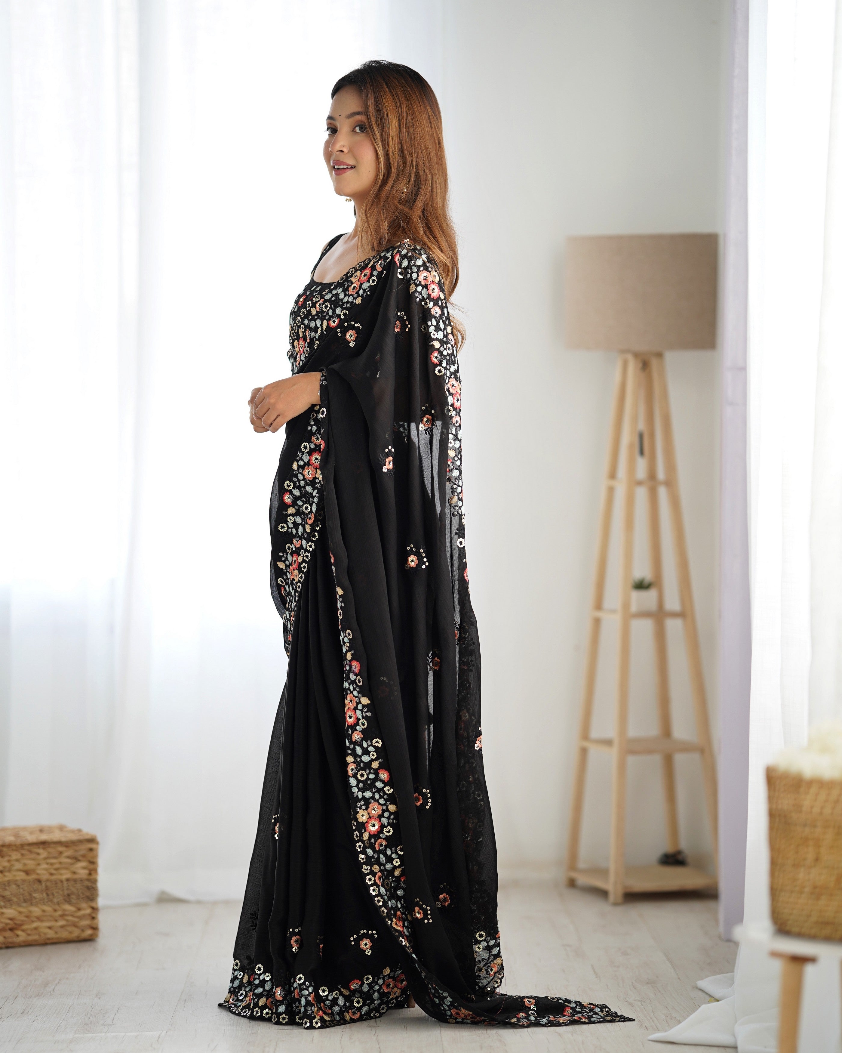 Black Satin Chiffon Heavy Bollywood Style Ceremonial Saree