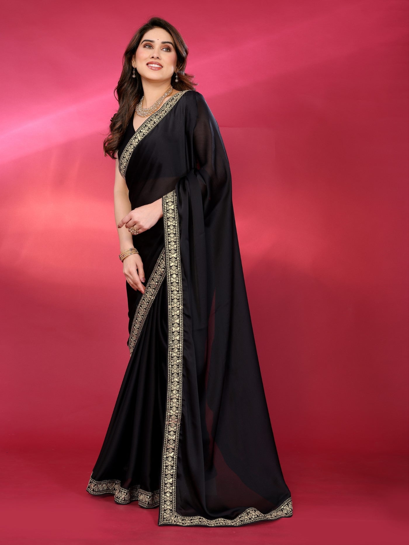 Black Satin Chiffon Saree With Plain Saree With Embroidery Work Lace
